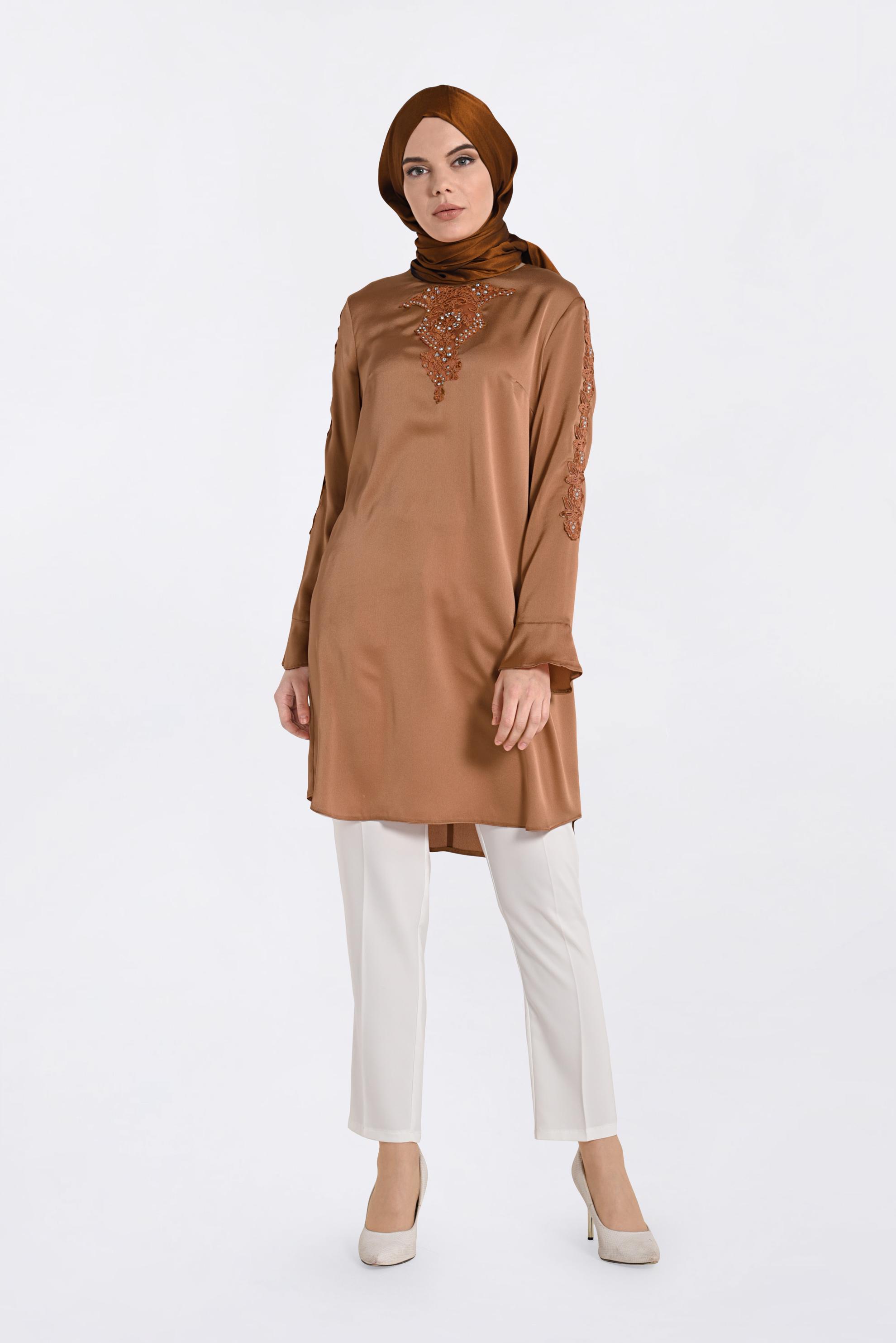 Tesettür giyim KAHVE GÜPÜR VE TAŞLI TUNİK 4301