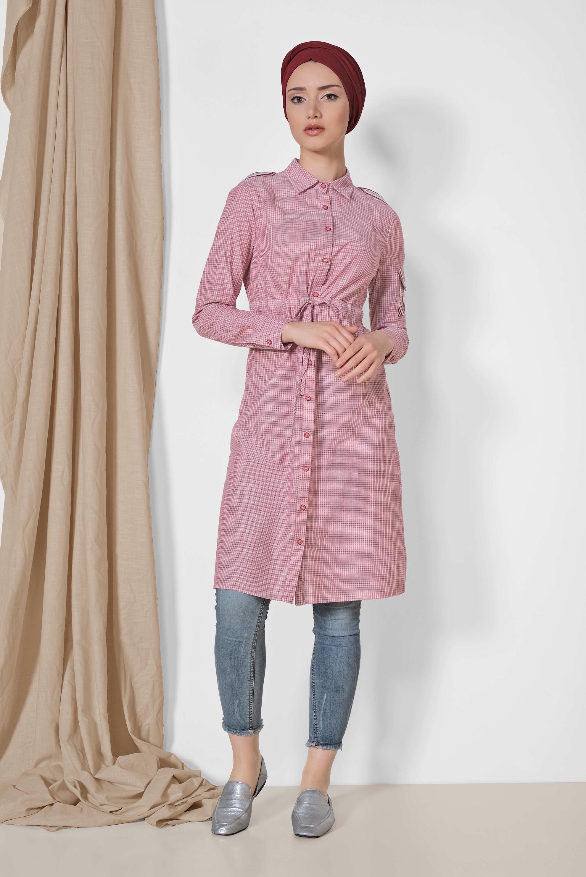 Tesettür giyim KIRMIZI KARE DESENLİ KOLU İŞLEMELİ PAMUKLU TUNİK 4304