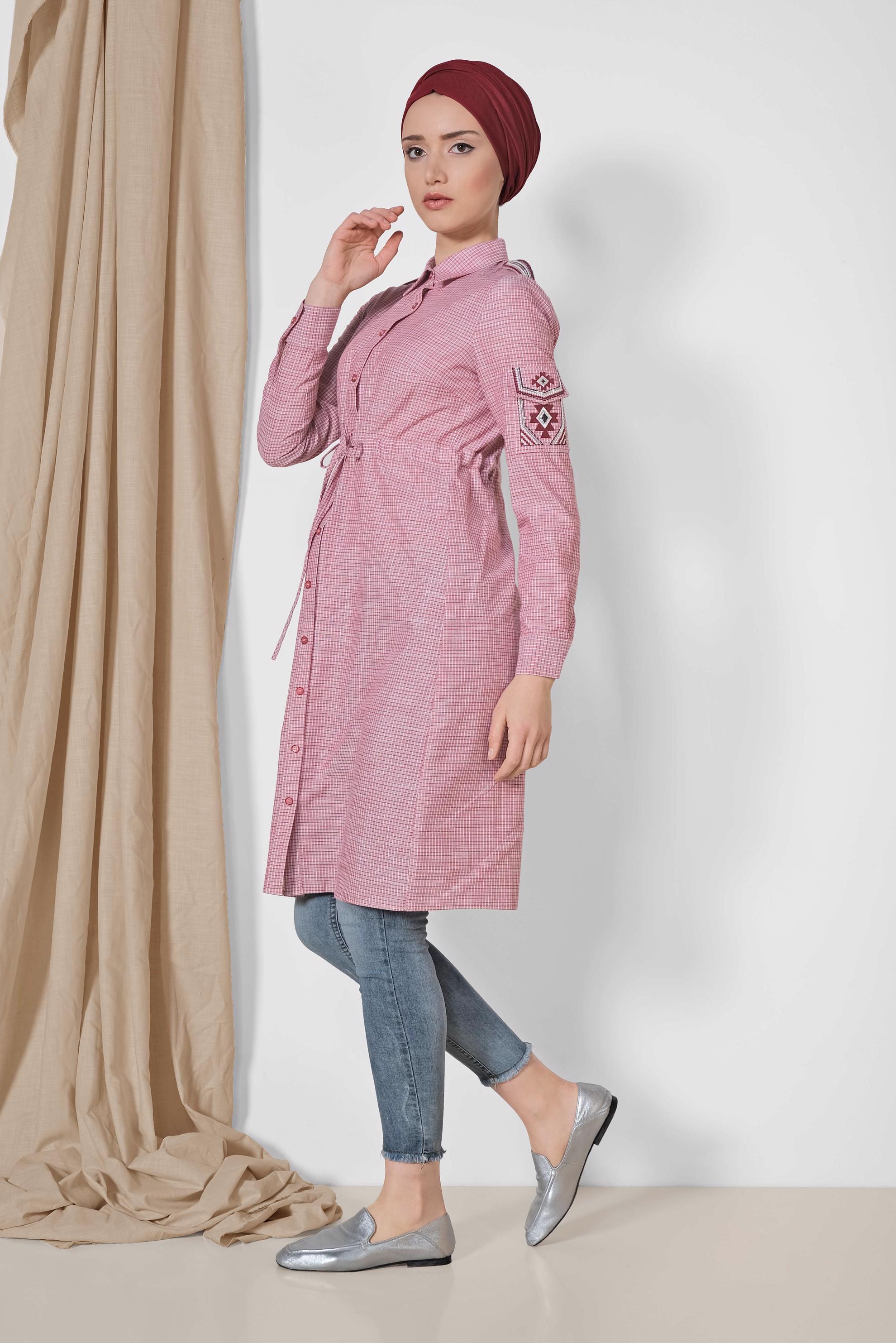 Tesettür giyim KIRMIZI KARE DESENLİ KOLU İŞLEMELİ PAMUKLU TUNİK 4304