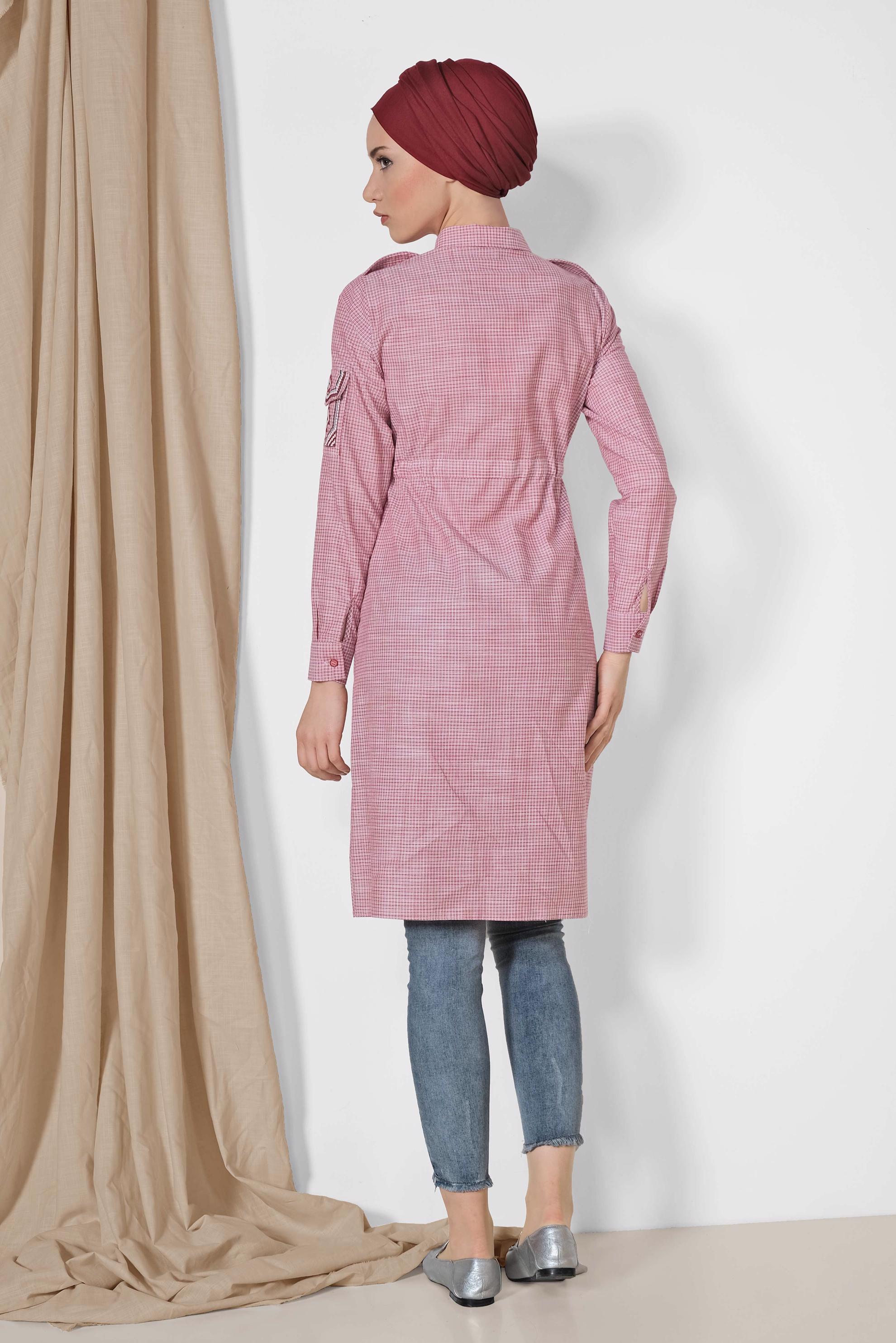 Tesettür giyim KIRMIZI KARE DESENLİ KOLU İŞLEMELİ PAMUKLU TUNİK 4304