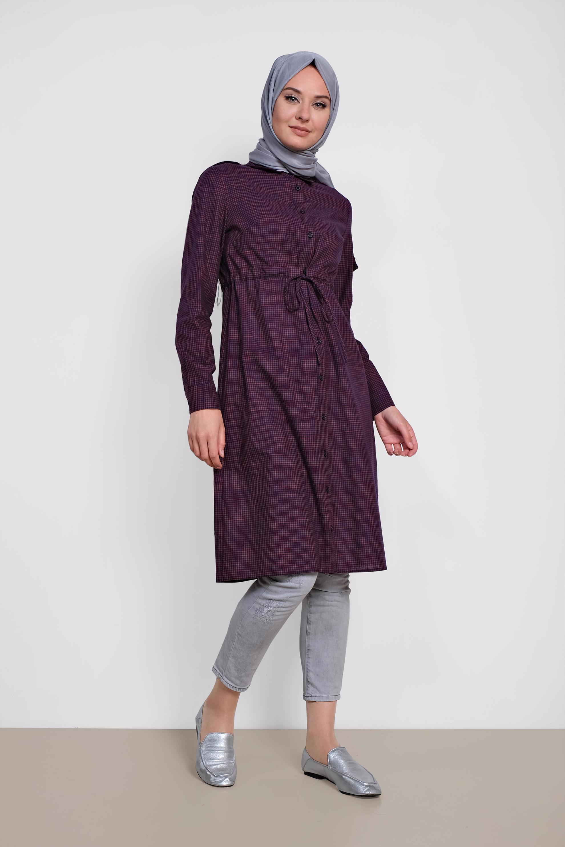 Tesettür giyim LACİVERT KARE DESENLİ KOLU İŞLEMELİ PAMUKLU TUNİK 4304