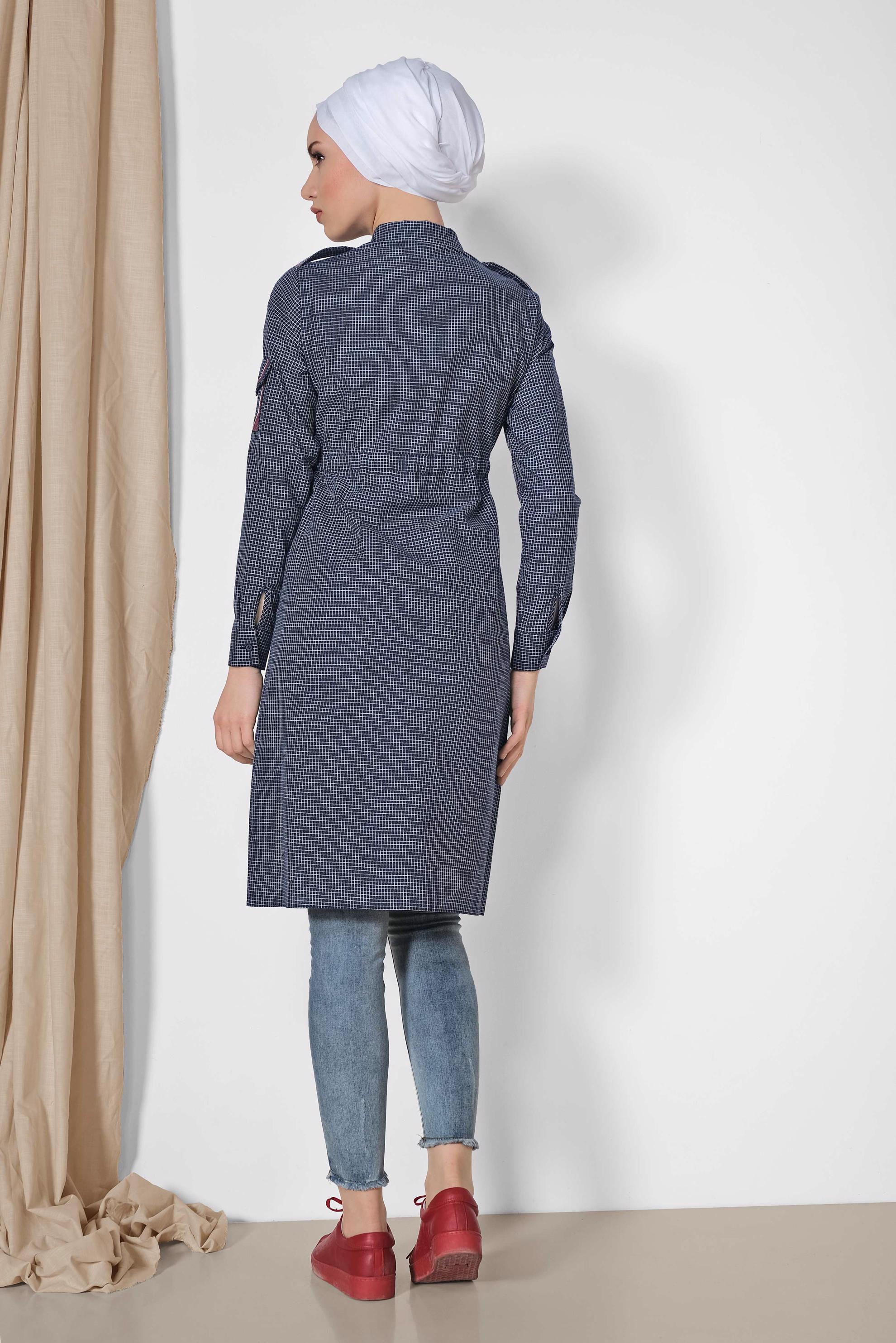 Tesettür giyim LACİVERT KARE DESENLİ KOLU İŞLEMELİ PAMUKLU TUNİK 4304