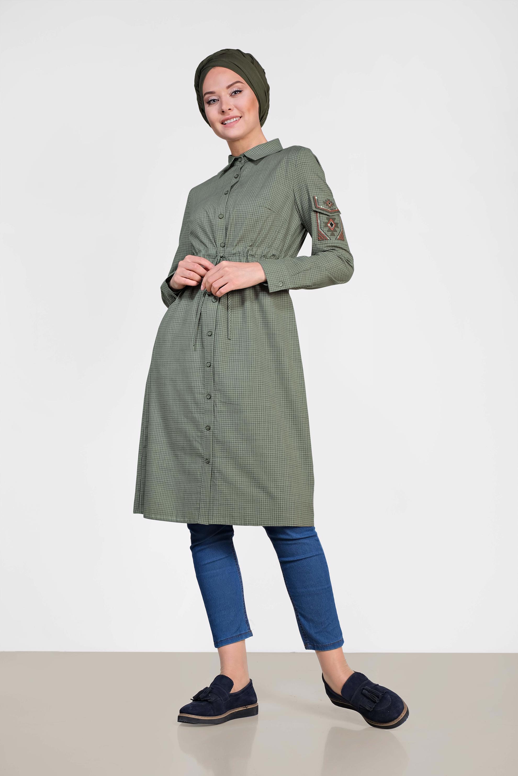 Tesettür giyim HAKİ KARE DESENLİ KOLU İŞLEMELİ PAMUKLU TUNİK 4304