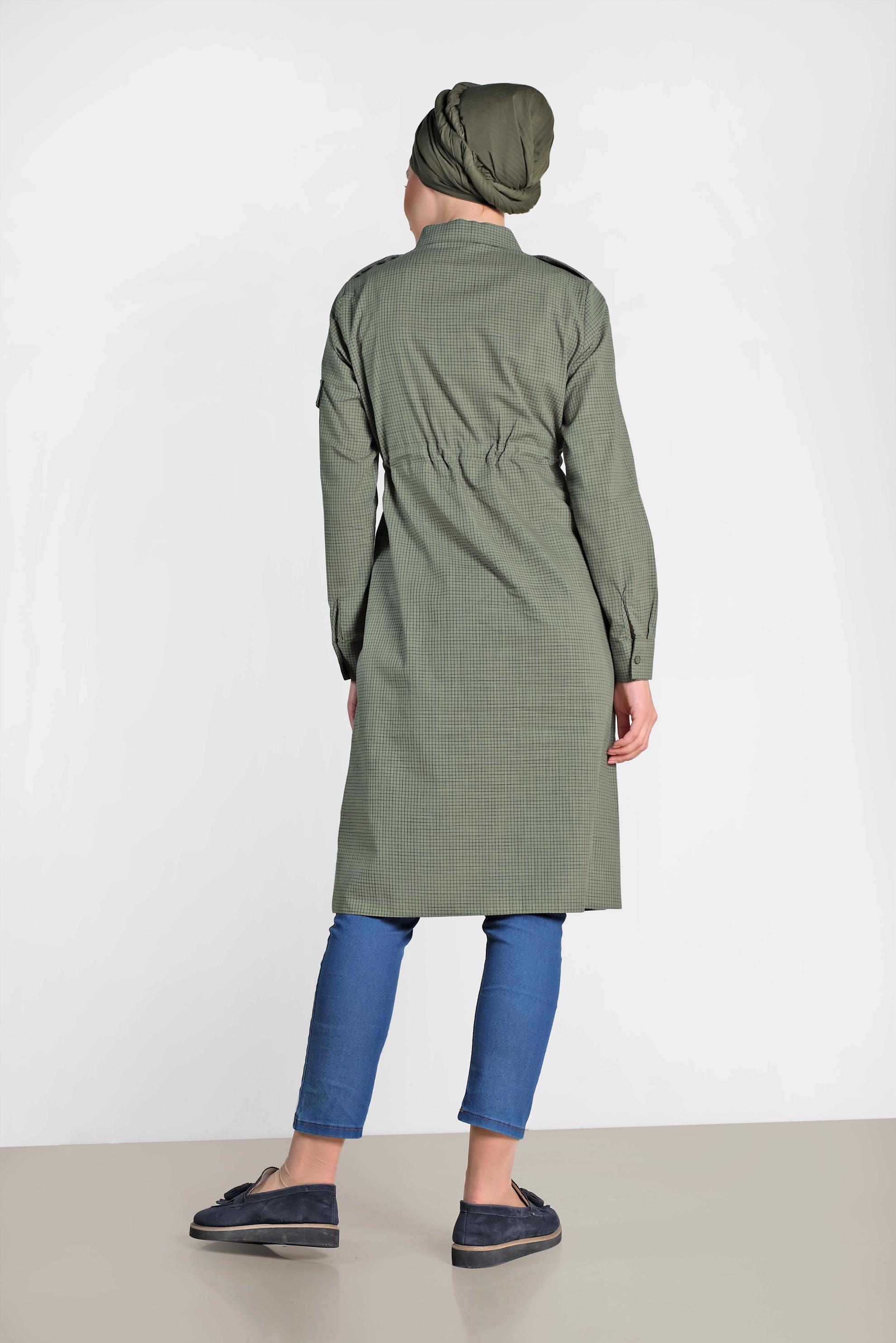 Tesettür giyim HAKİ KARE DESENLİ KOLU İŞLEMELİ PAMUKLU TUNİK 4304