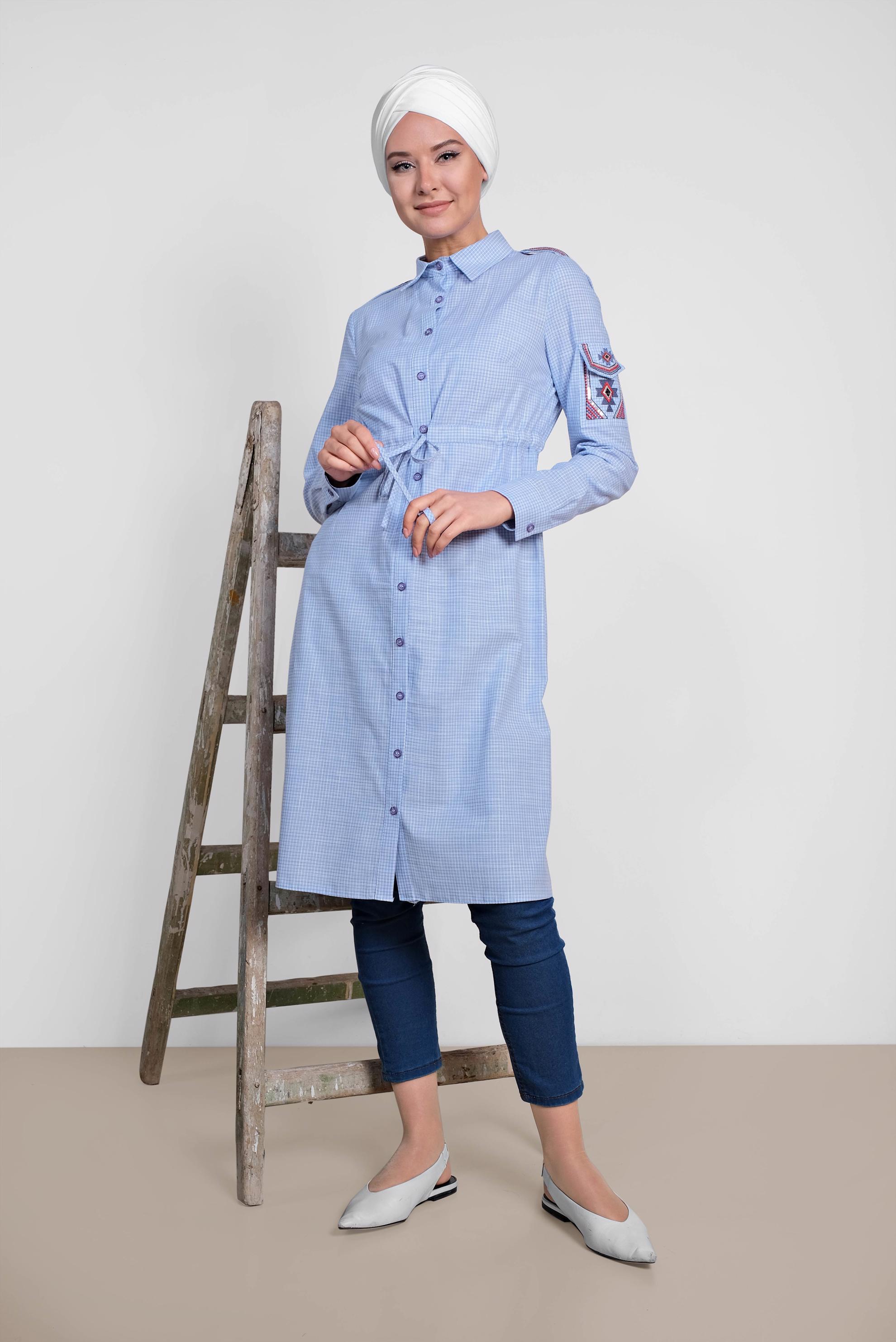 Tesettür giyim MAVİ KARE DESENLİ KOLU İŞLEMELİ PAMUKLU TUNİK 4304