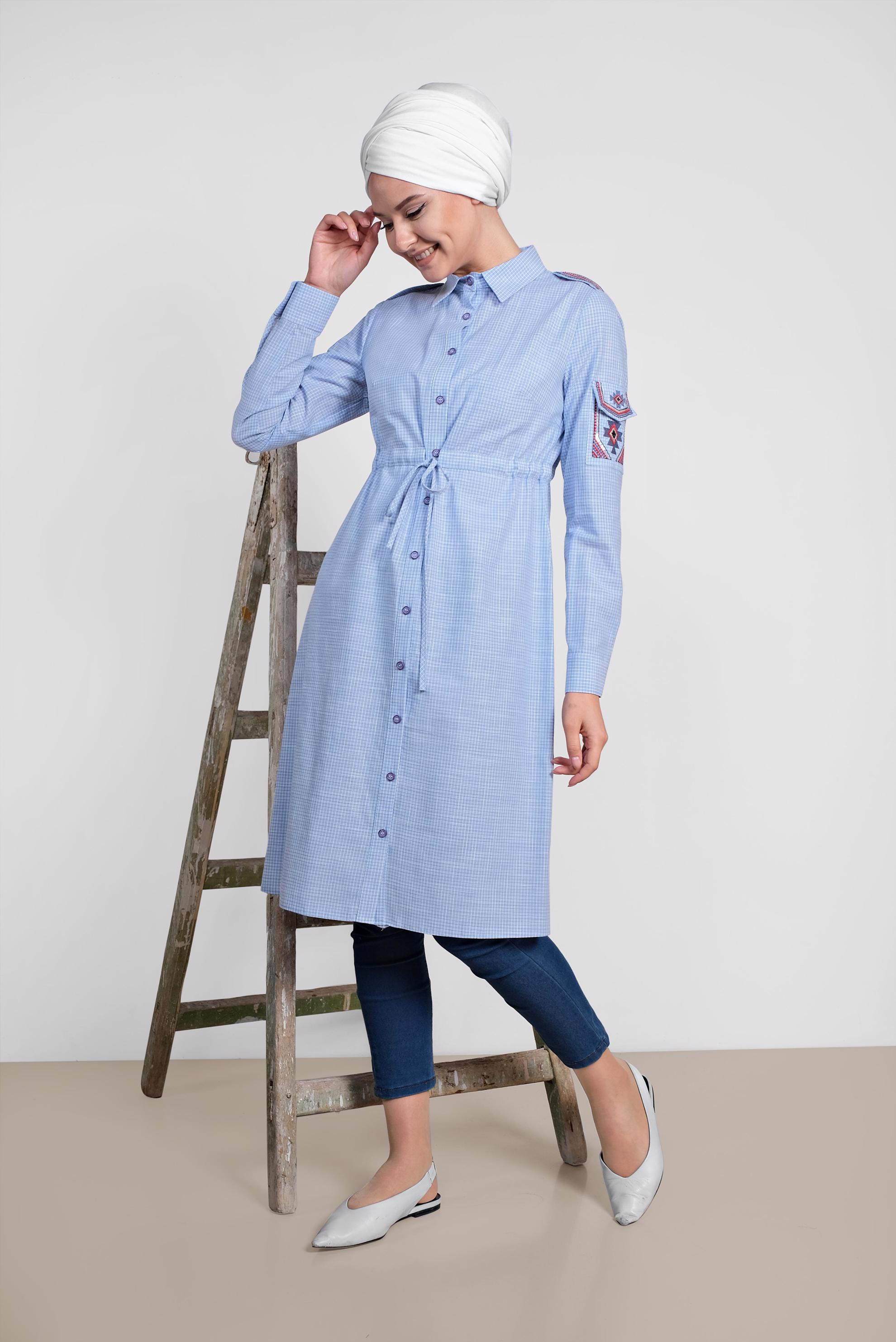 Tesettür giyim MAVİ KARE DESENLİ KOLU İŞLEMELİ PAMUKLU TUNİK 4304