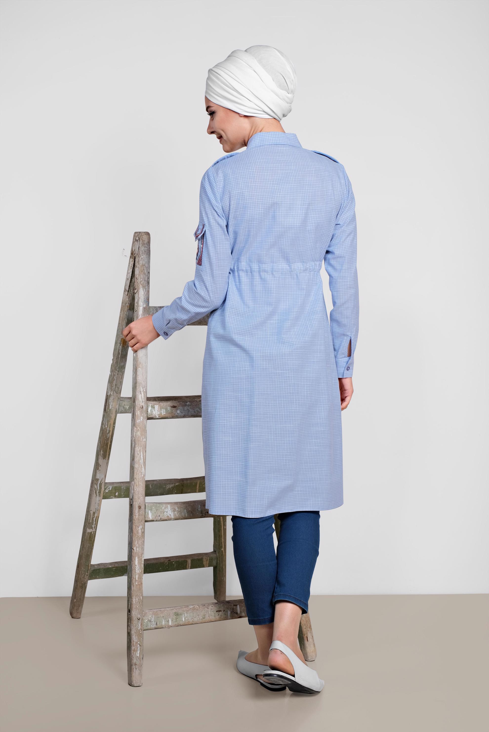 Tesettür giyim MAVİ KARE DESENLİ KOLU İŞLEMELİ PAMUKLU TUNİK 4304