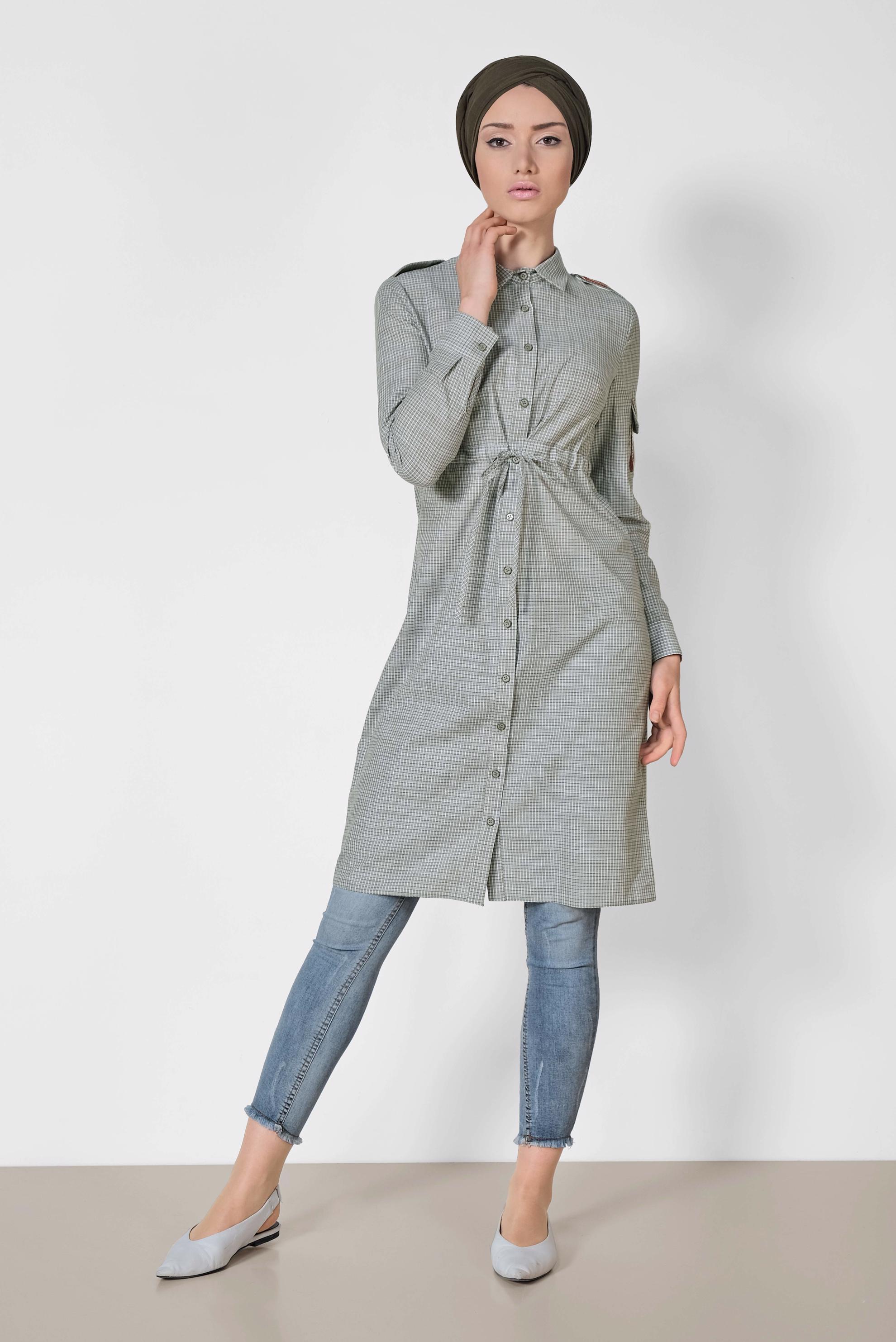 Tesettür giyim HAKİ KARE DESENLİ KOLU İŞLEMELİ PAMUKLU TUNİK 4304