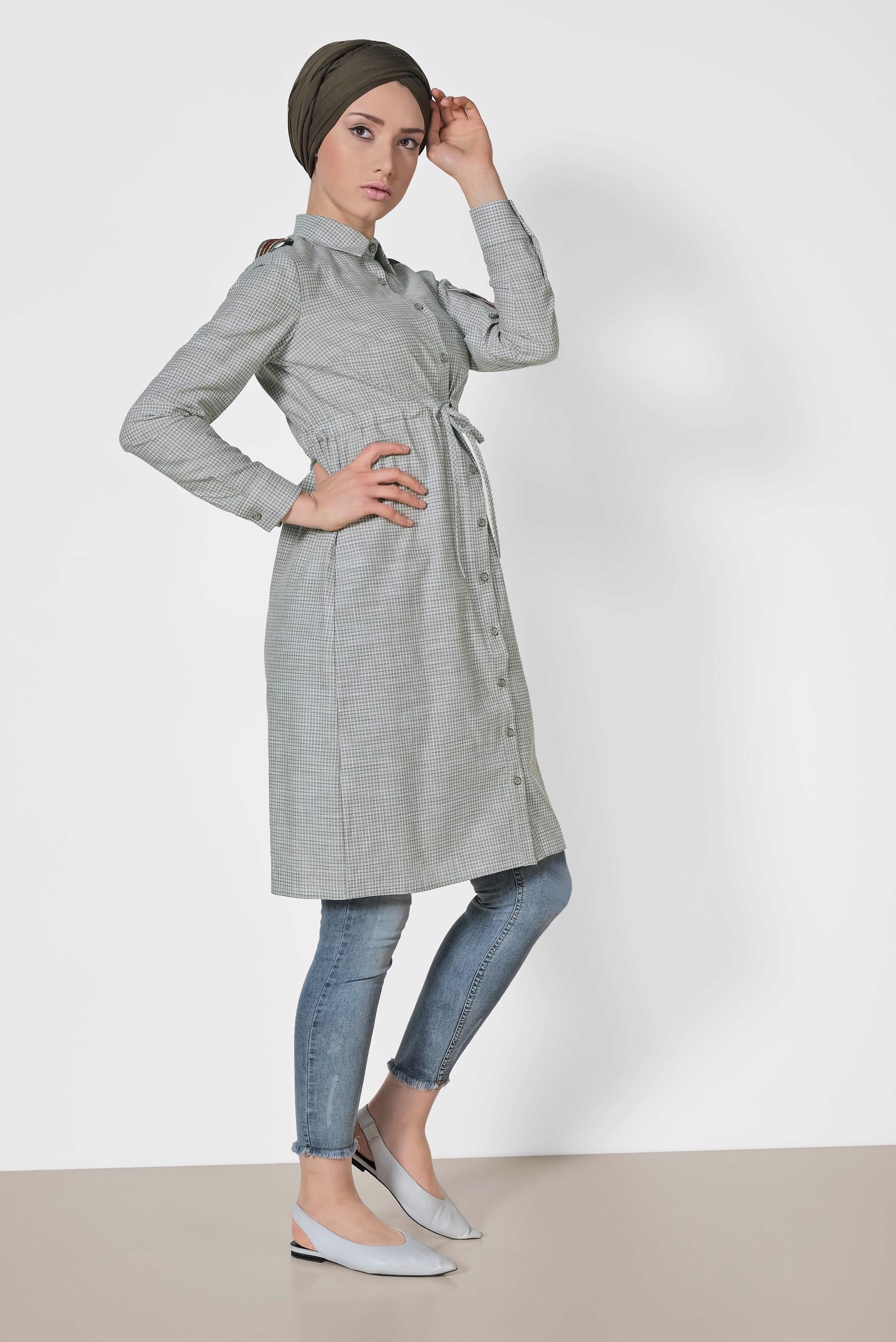 Tesettür giyim HAKİ KARE DESENLİ KOLU İŞLEMELİ PAMUKLU TUNİK 4304