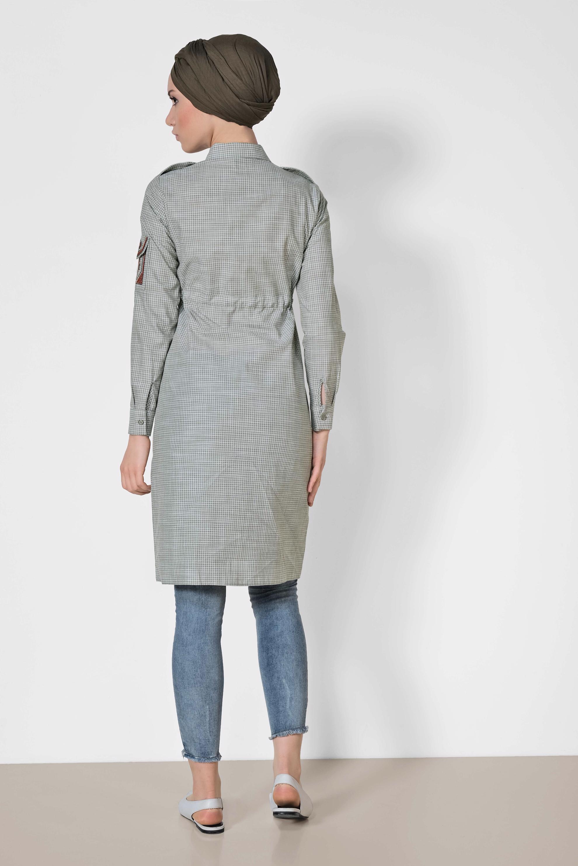 Tesettür giyim HAKİ KARE DESENLİ KOLU İŞLEMELİ PAMUKLU TUNİK 4304