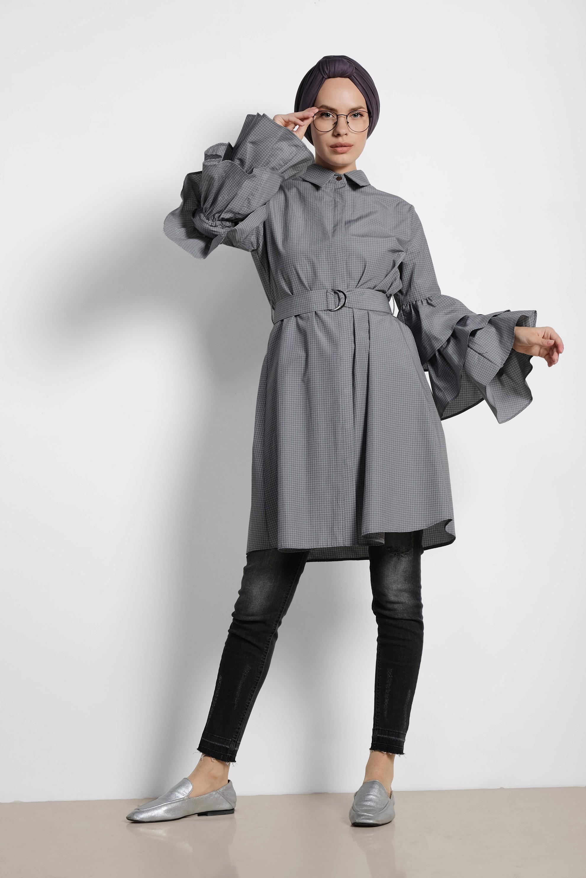 Tesettür giyim SİYAH KOLLARI FIRFIRLI PAMUKLU TUNİK 4312