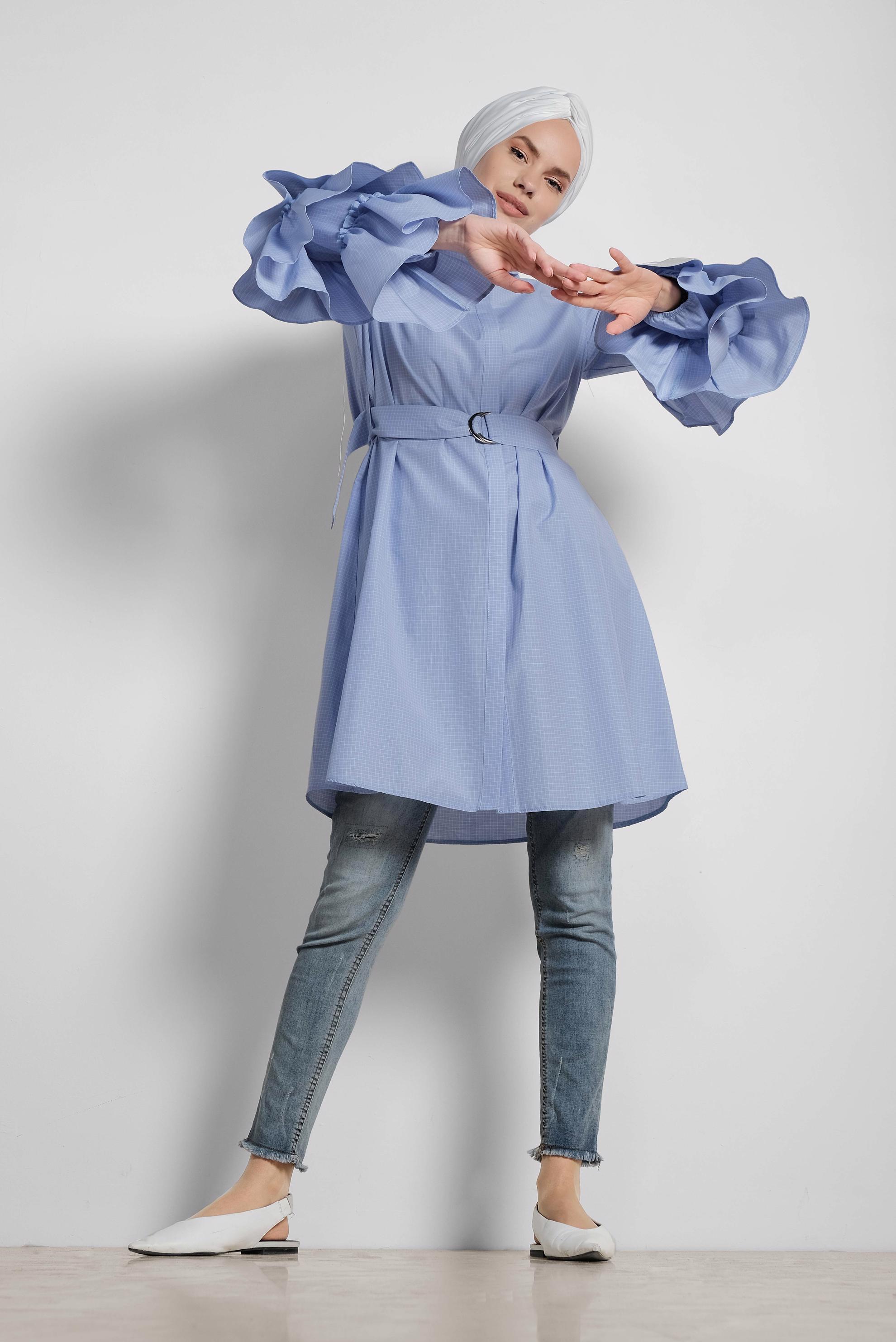 Tesettür giyim MAVİ KOLLARI FIRFIRLI PAMUKLU TUNİK 4312