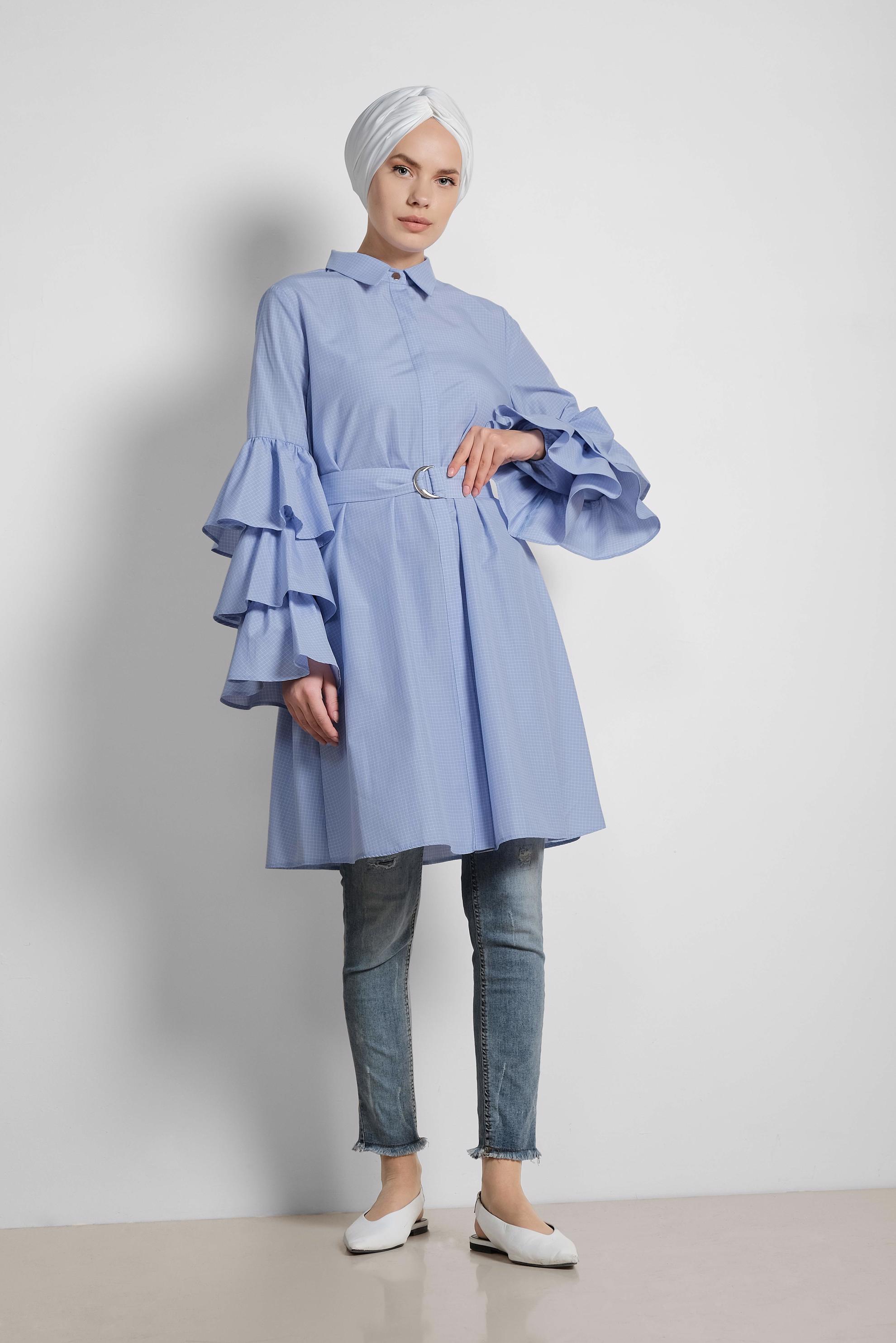 Tesettür giyim MAVİ KOLLARI FIRFIRLI PAMUKLU TUNİK 4312