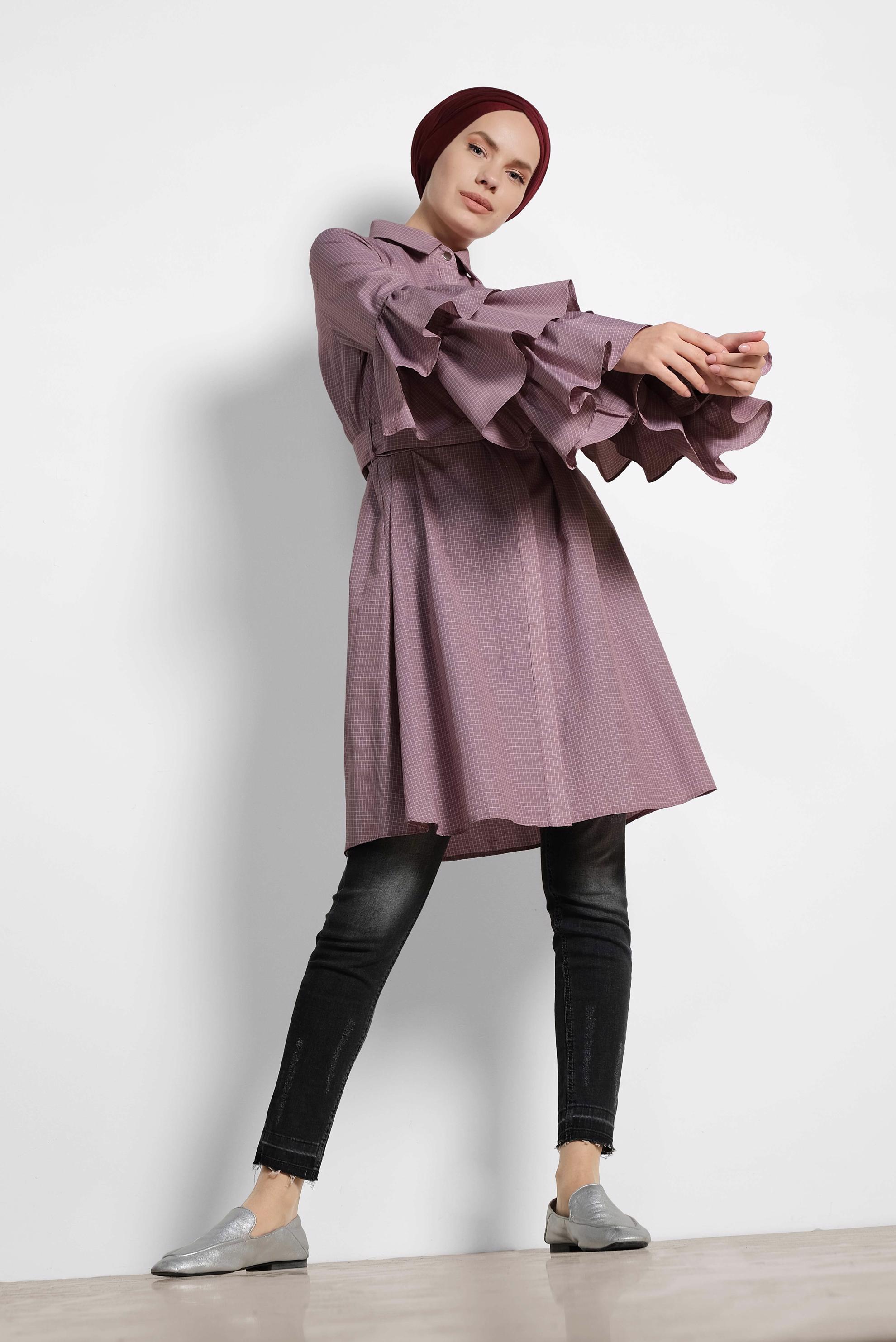 Tesettür giyim BORDO KOLLARI FIRFIRLI PAMUKLU TUNİK 4312