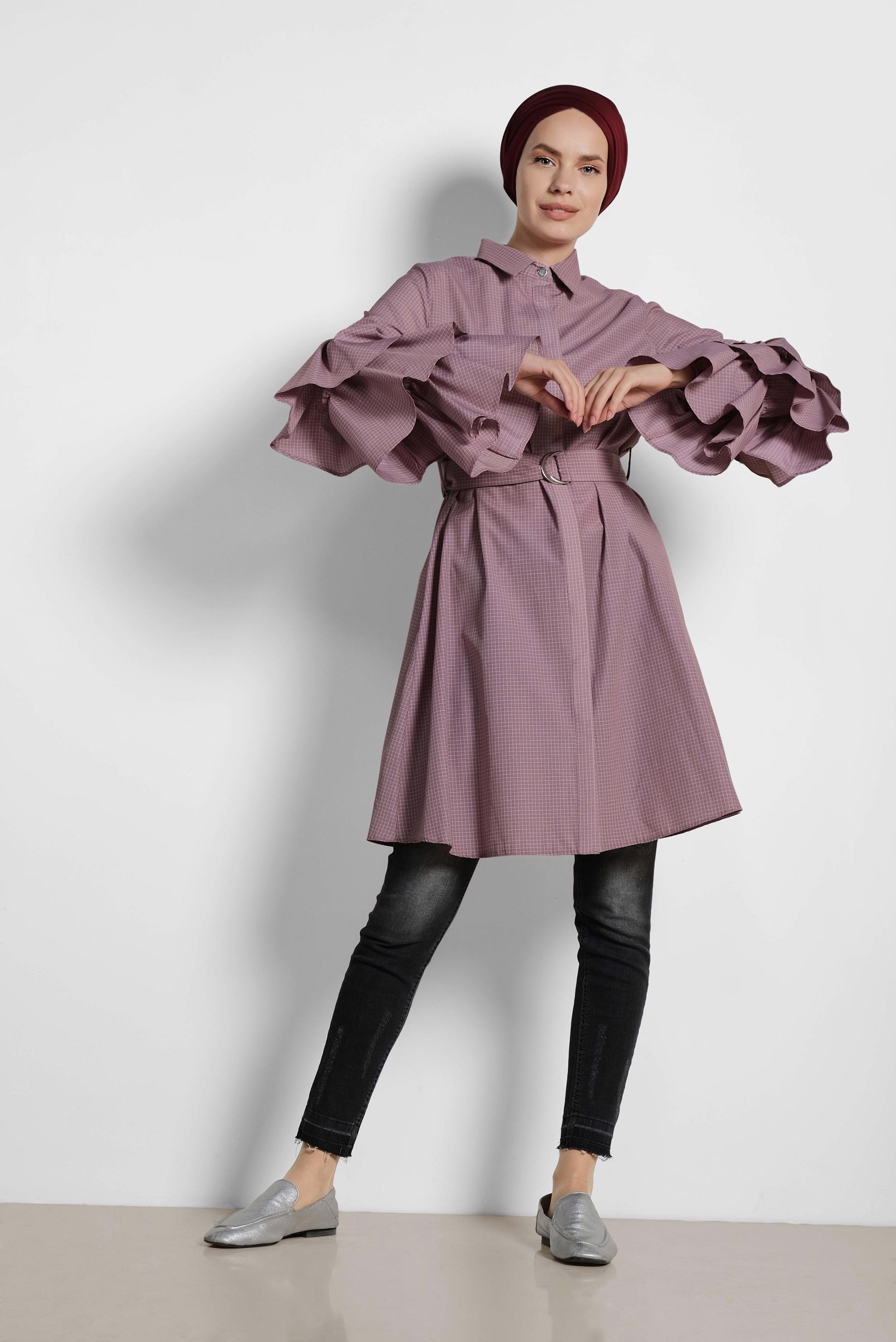 Tesettür giyim BORDO KOLLARI FIRFIRLI PAMUKLU TUNİK 4312