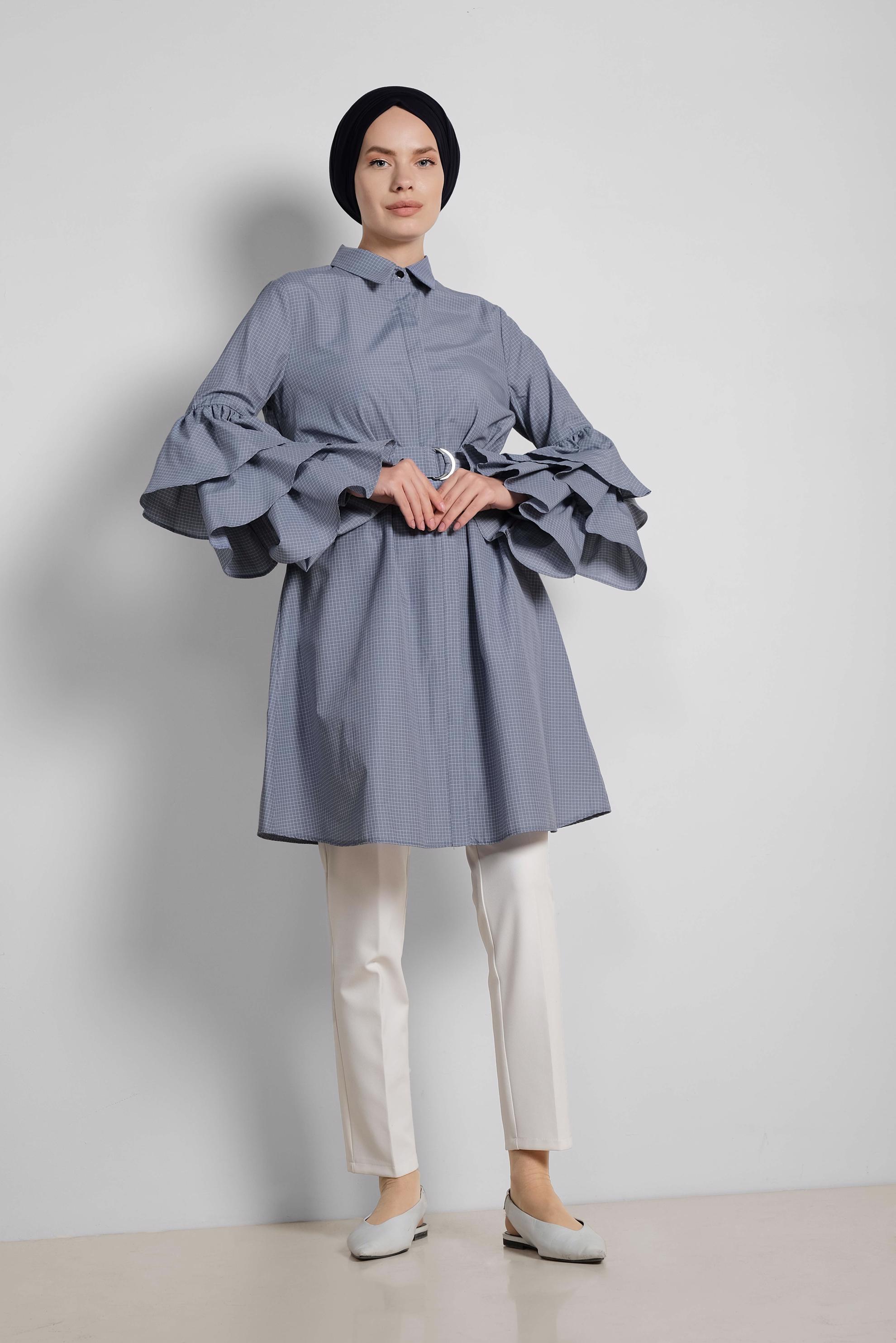 Tesettür giyim LACİVERT KOLLARI FIRFIRLI PAMUKLU TUNİK 4312