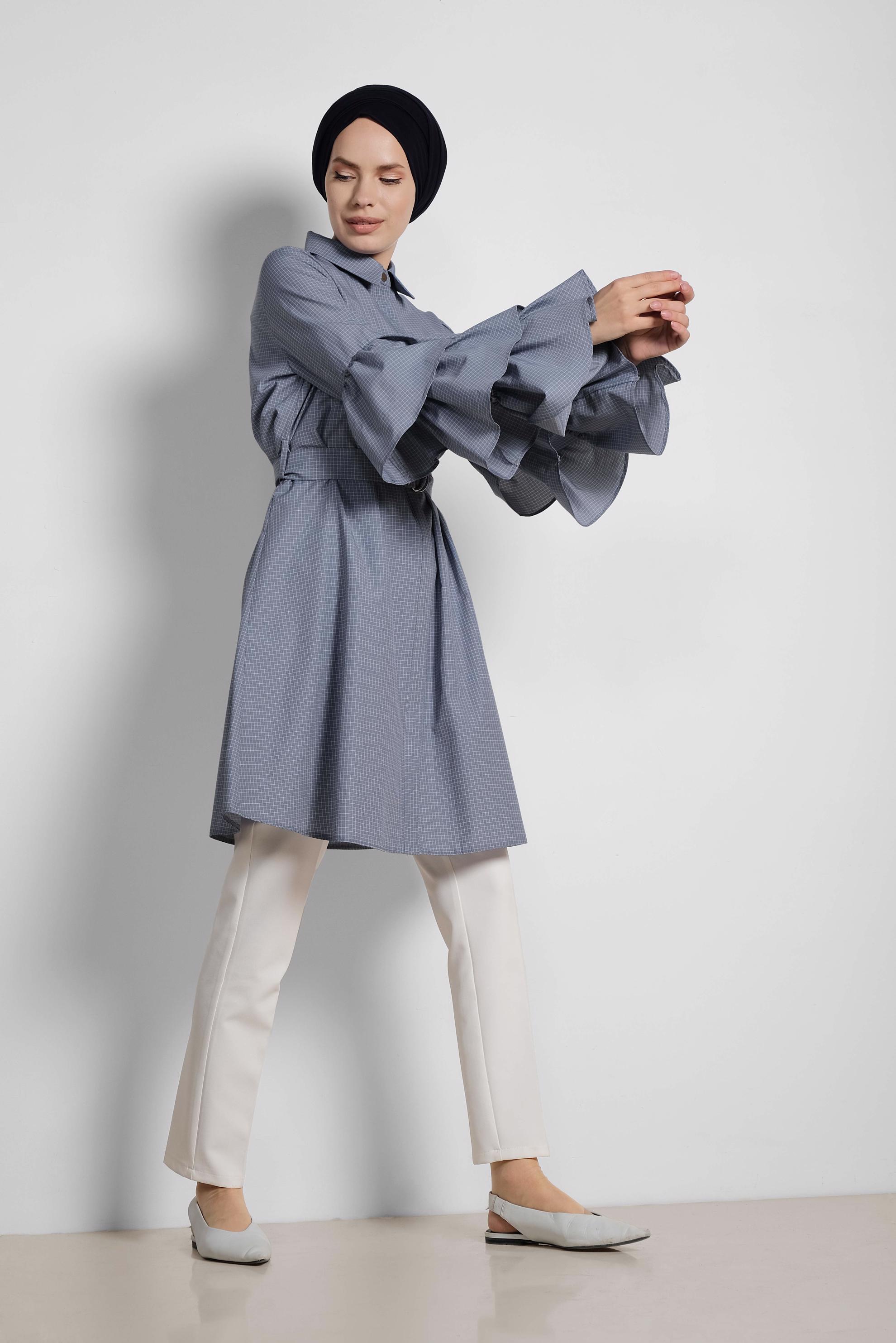 Tesettür giyim LACİVERT KOLLARI FIRFIRLI PAMUKLU TUNİK 4312