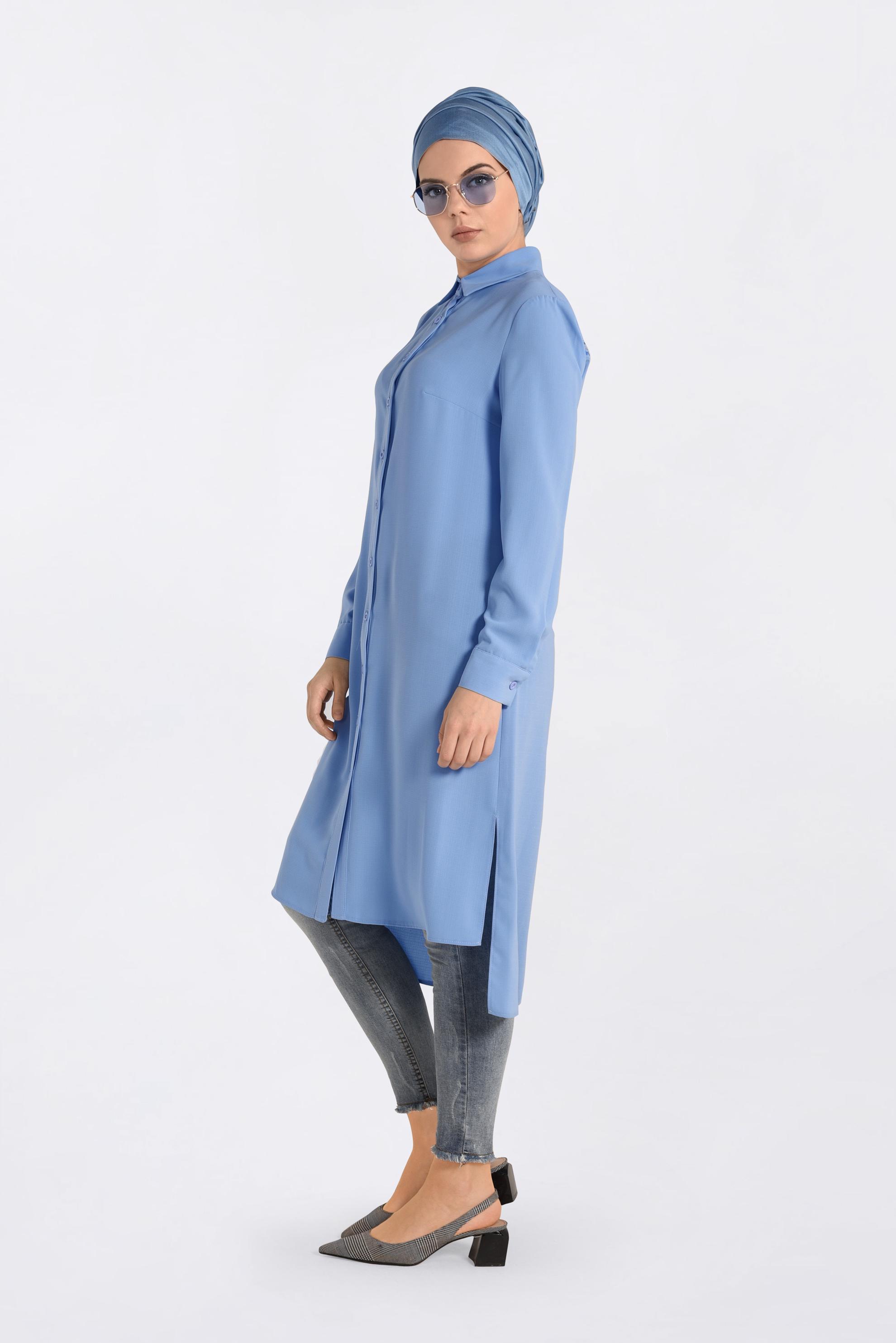 Tesettür giyim MAVİ ARKASI NAKIŞLI TUNİK 4315