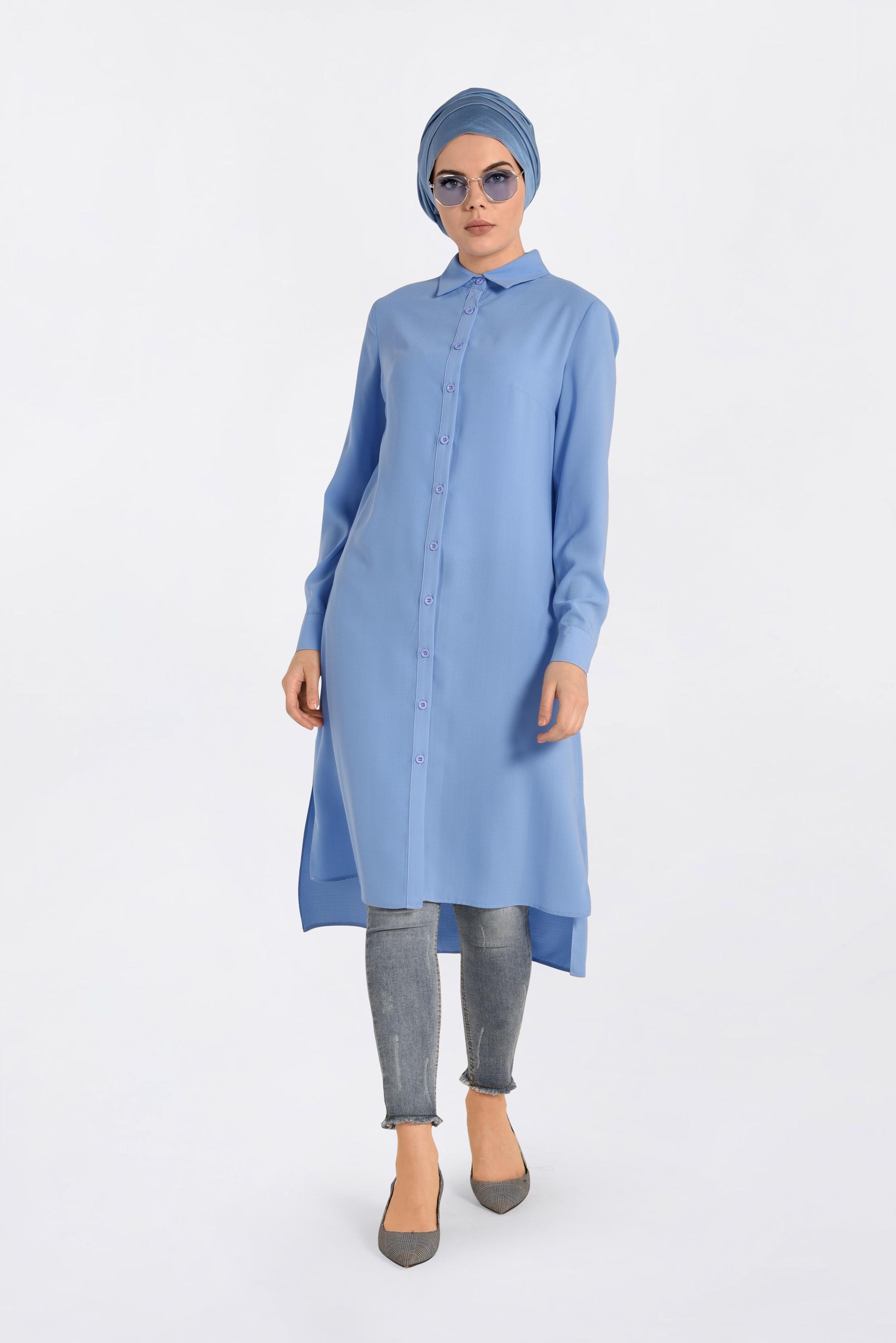 Tesettür giyim MAVİ ARKASI NAKIŞLI TUNİK 4315
