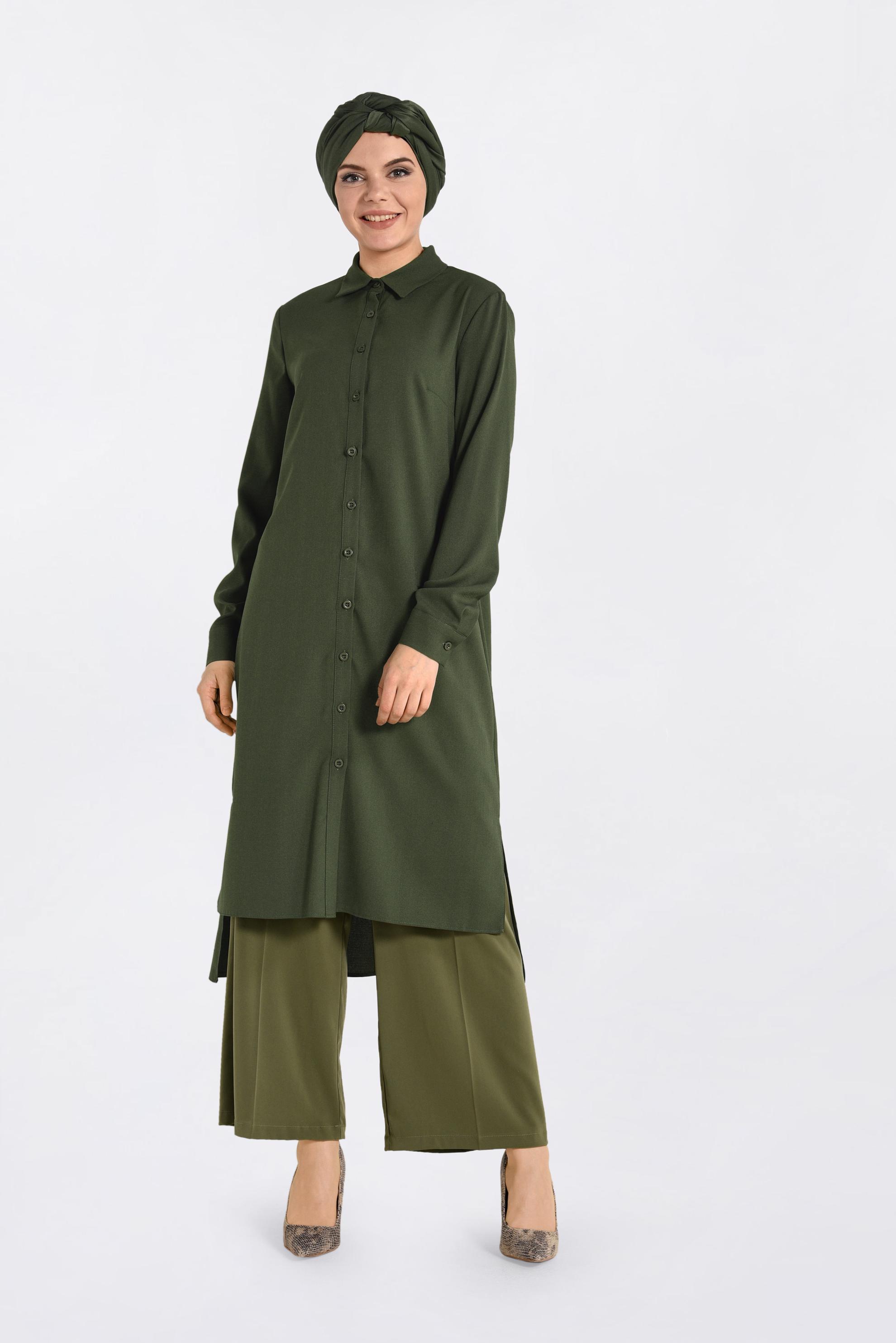 Tesettür giyim HAKİ ARKASI NAKIŞLI TUNİK 4315