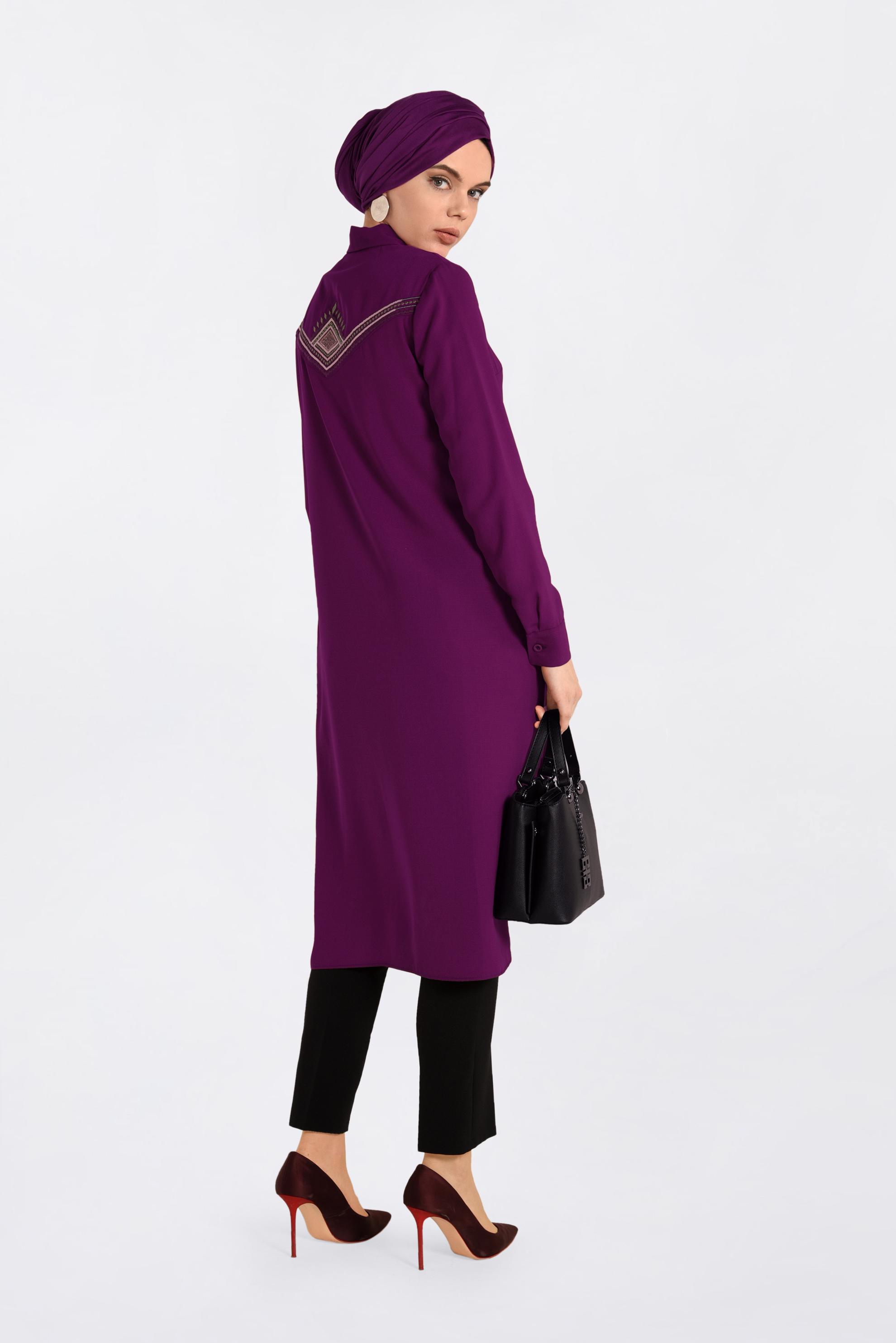 Tesettür giyim MOR ARKASI NAKIŞLI TUNİK 4315