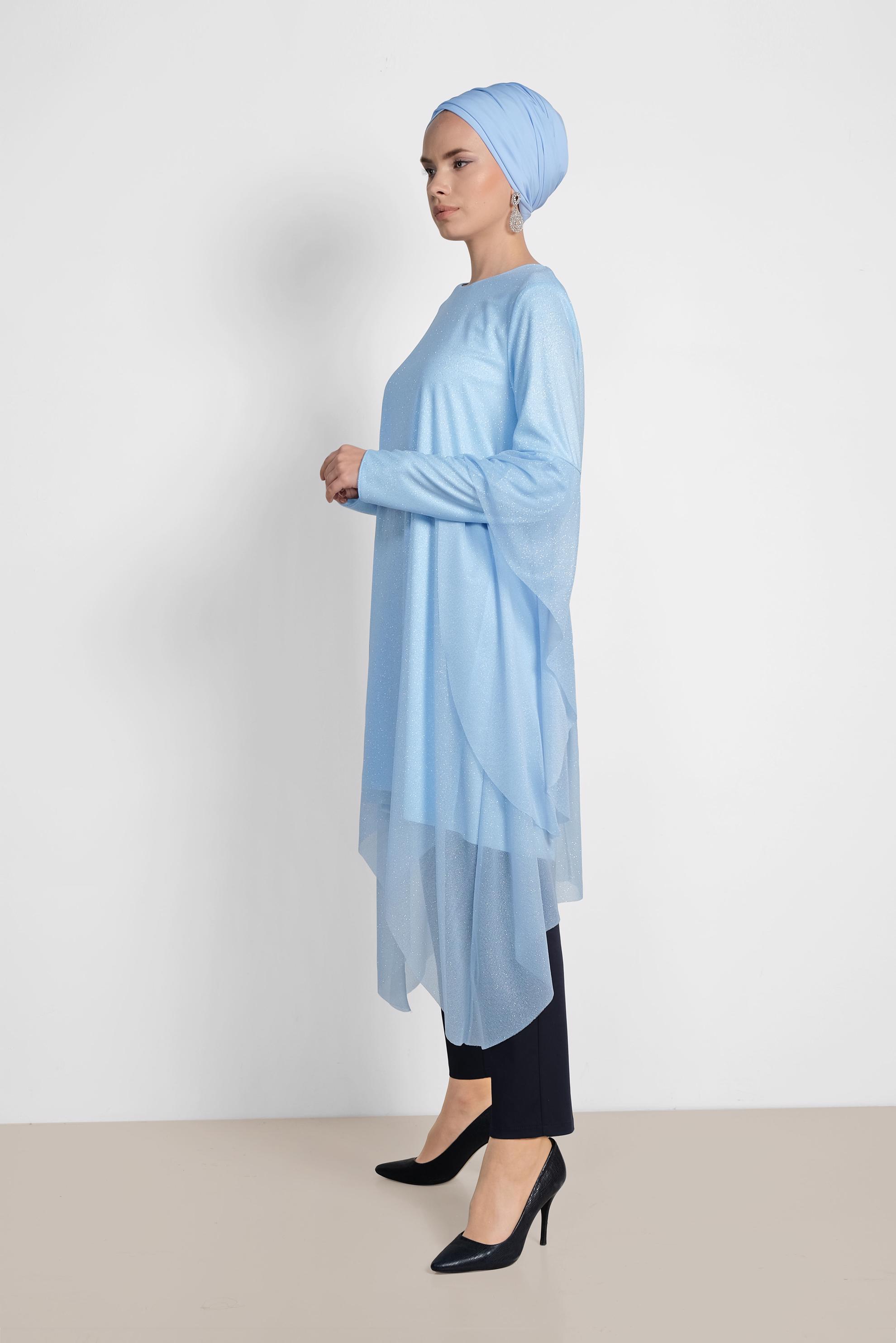 Tesettür giyim MAVİ ASİMETRİK KESİM SİMLİ SALAŞ TUNİK 4317