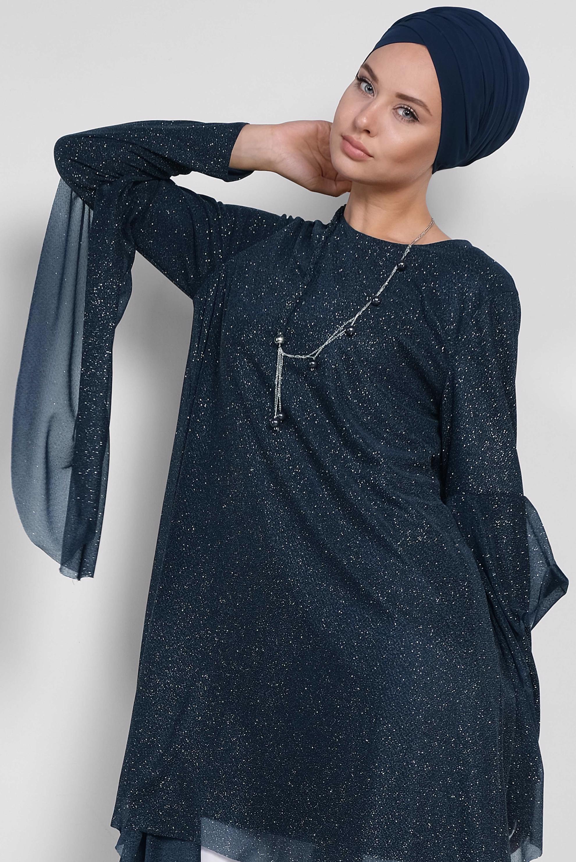 Tesettür giyim LACİVERT ASİMETRİK KESİM SİMLİ SALAŞ TUNİK 4317
