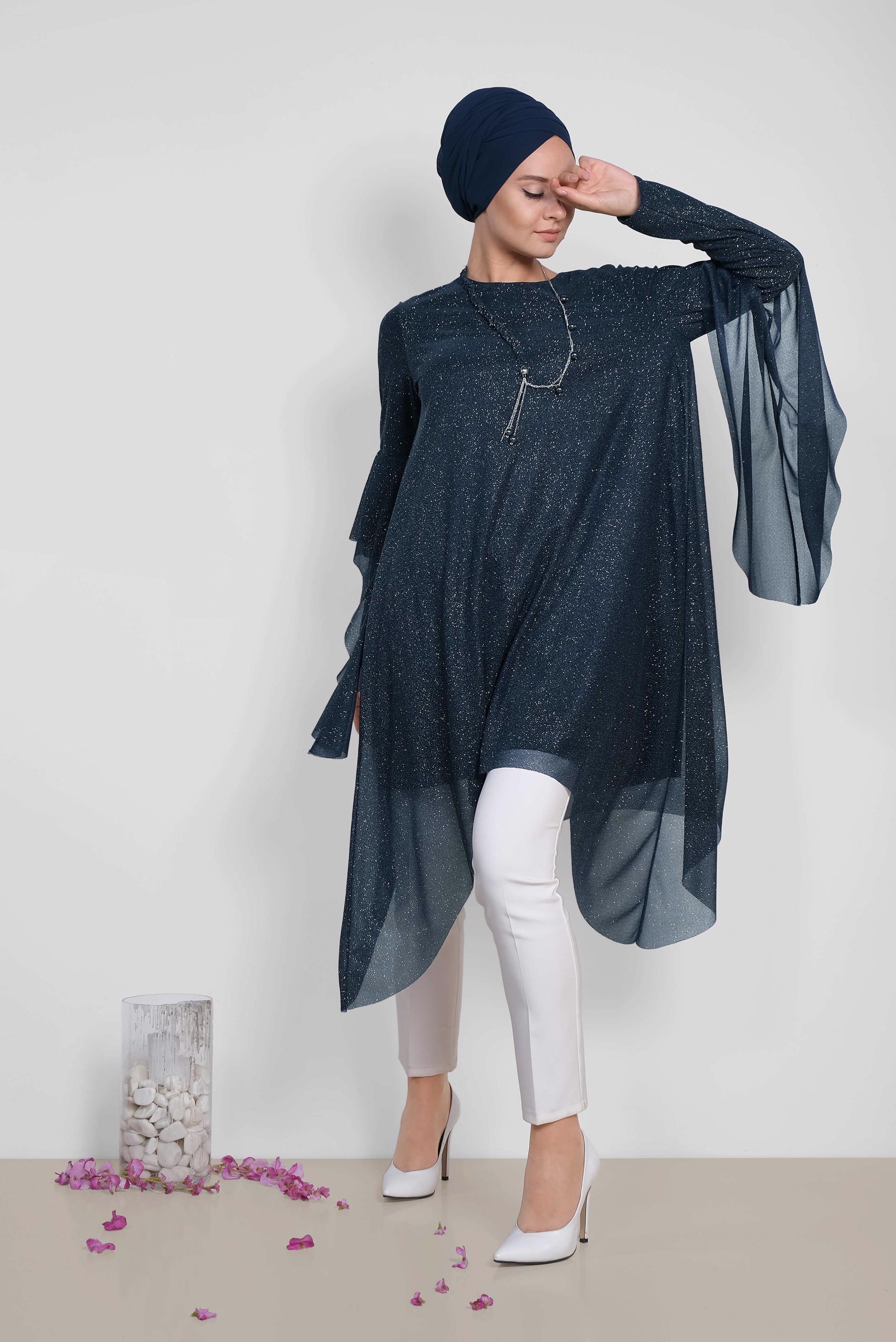 Tesettür giyim LACİVERT ASİMETRİK KESİM SİMLİ SALAŞ TUNİK 4317