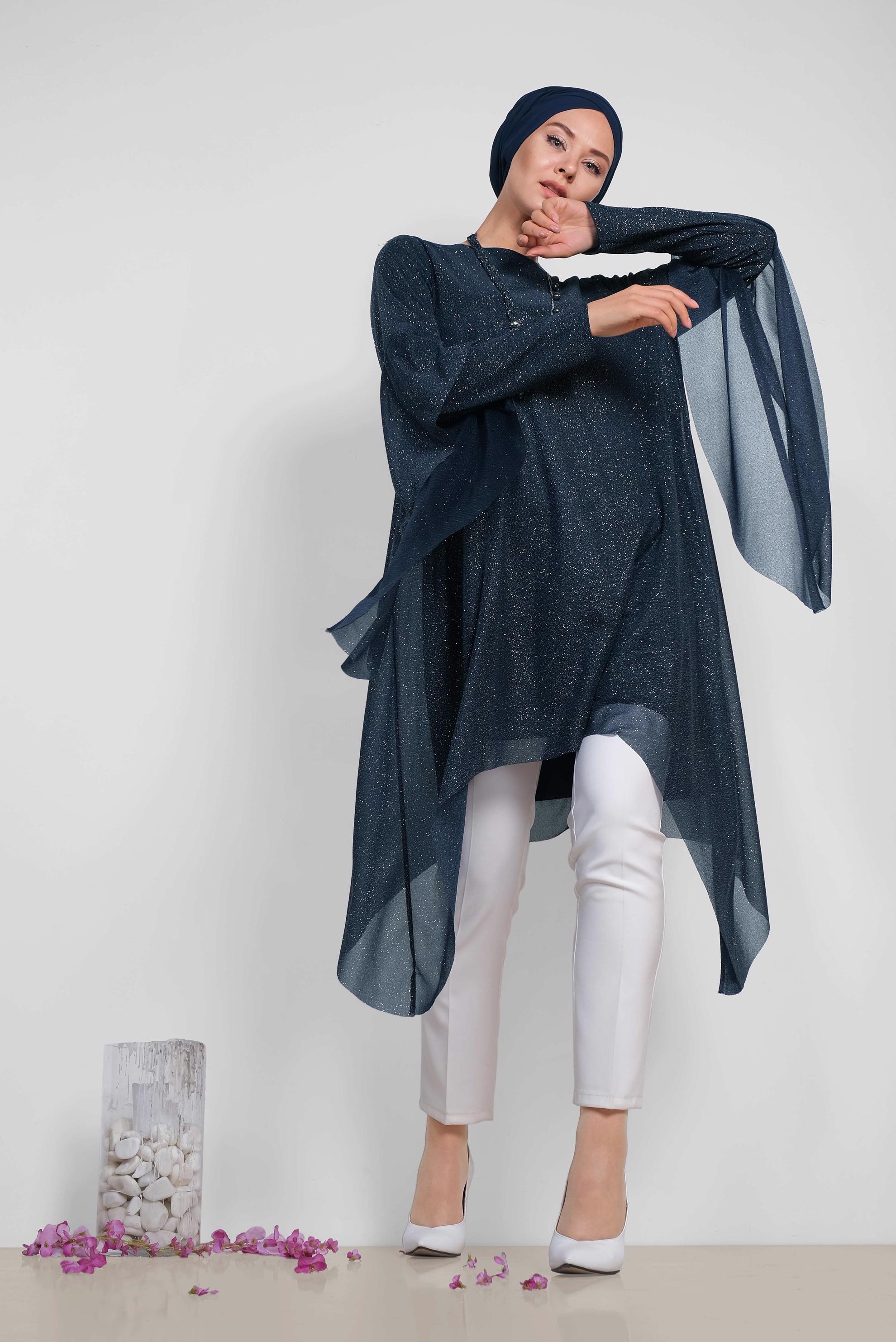 Tesettür giyim LACİVERT ASİMETRİK KESİM SİMLİ SALAŞ TUNİK 4317