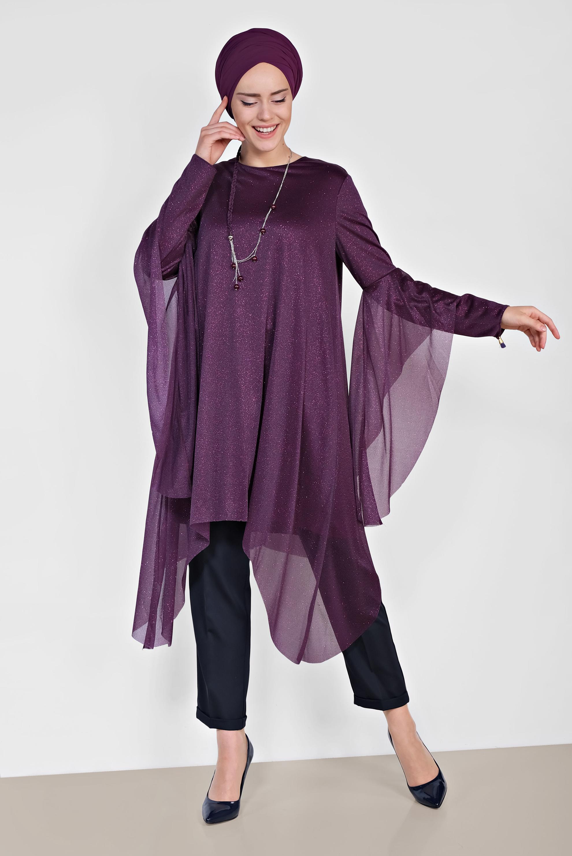 Tesettür giyim MÜRDÜM ASİMETRİK KESİM SİMLİ SALAŞ TUNİK 4317