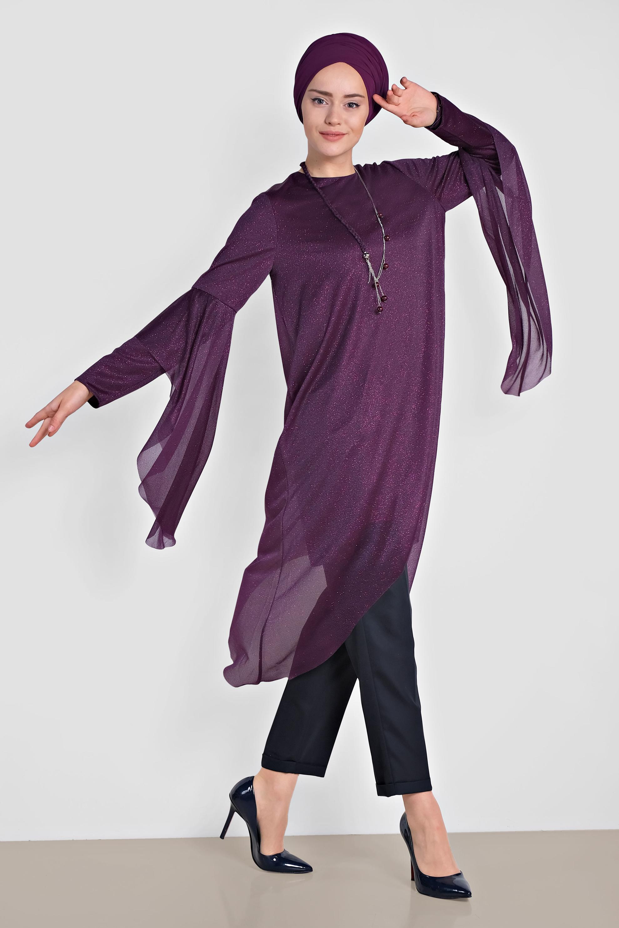 Tesettür giyim MÜRDÜM ASİMETRİK KESİM SİMLİ SALAŞ TUNİK 4317