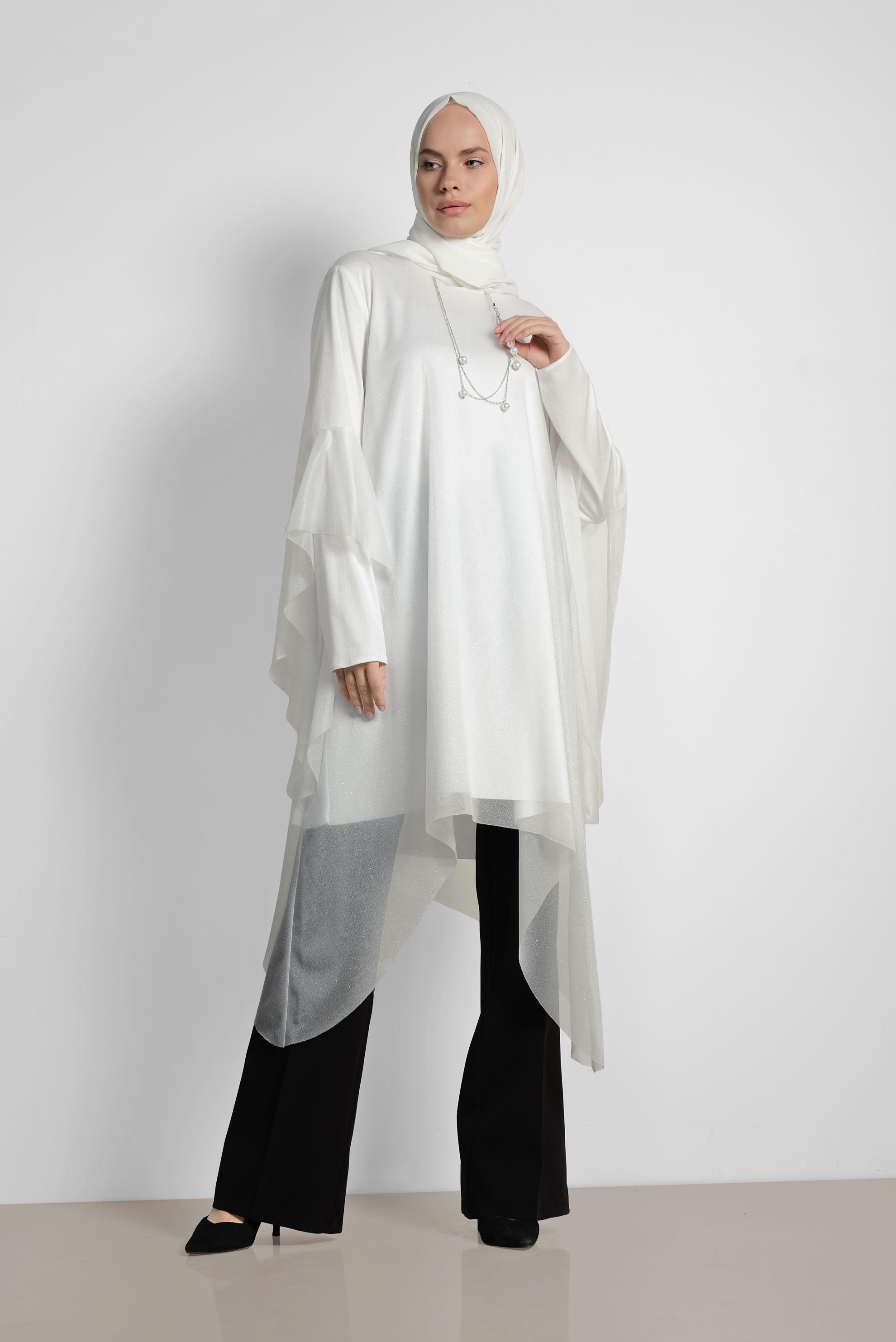 Tesettür giyim BEYAZ ASİMETRİK KESİM SİMLİ SALAŞ TUNİK 4317