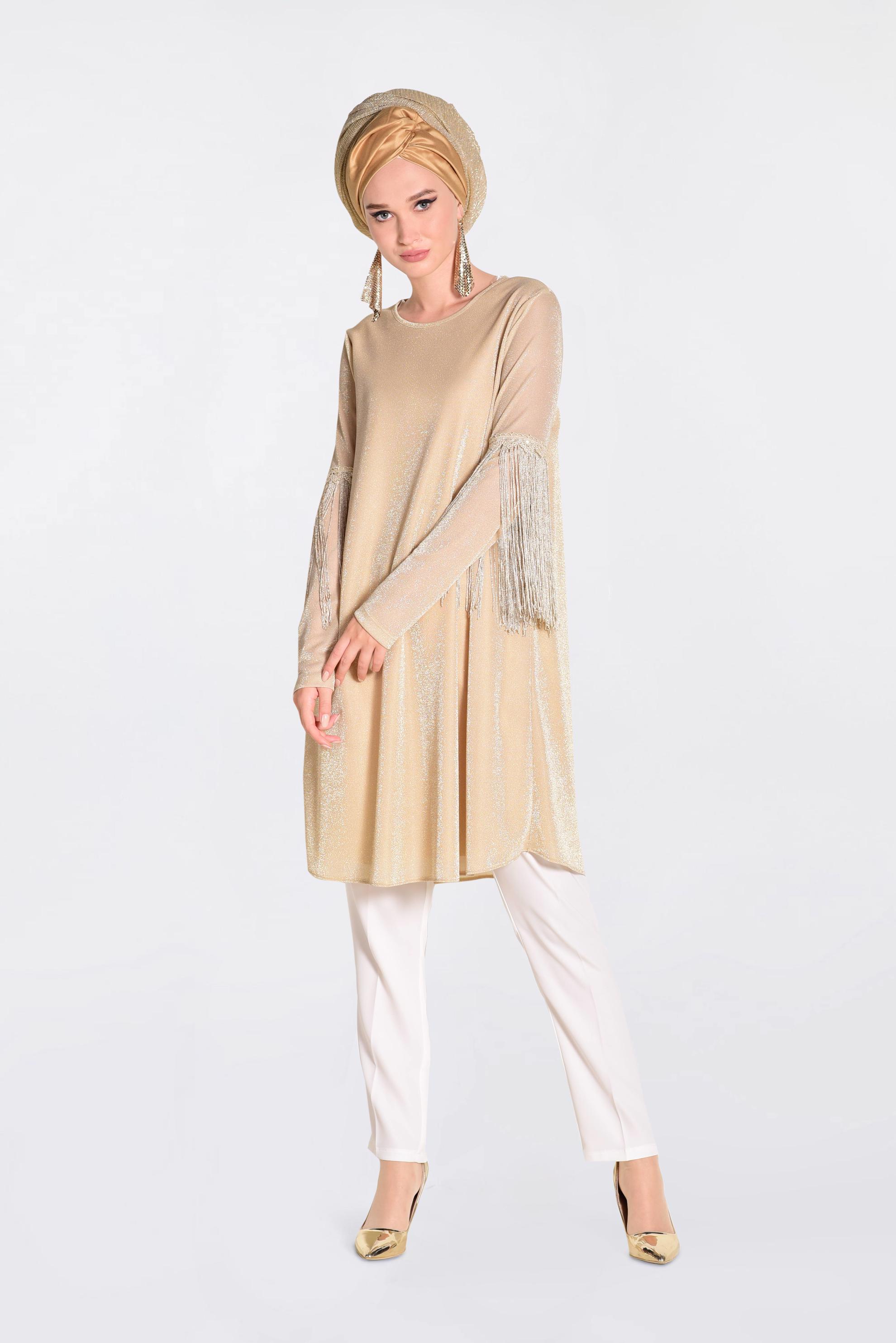 Tesettür giyim BEJ KOLLARI PÜSKÜLLÜ SİMLİ TUNİK 4324