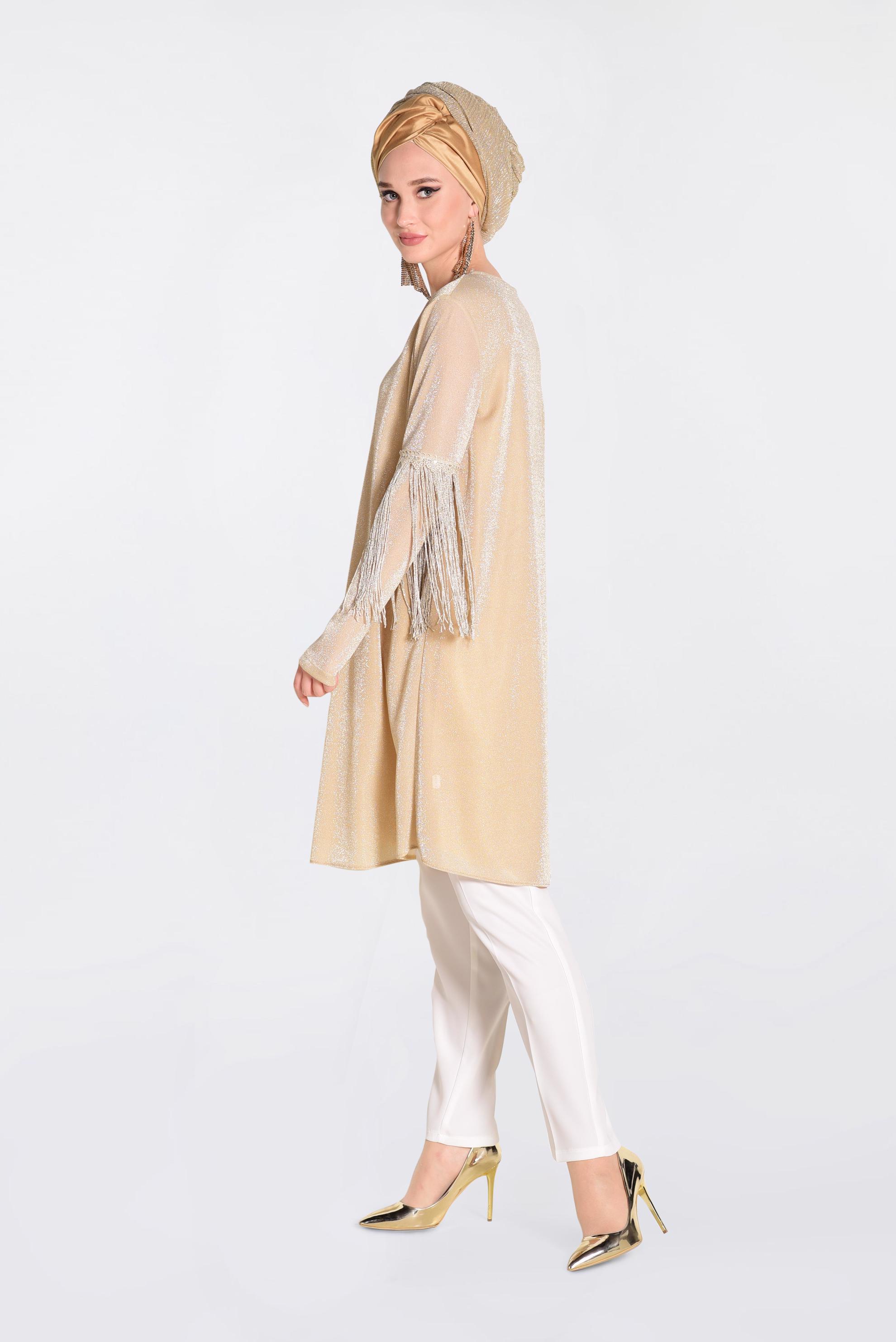 Tesettür giyim BEJ KOLLARI PÜSKÜLLÜ SİMLİ TUNİK 4324