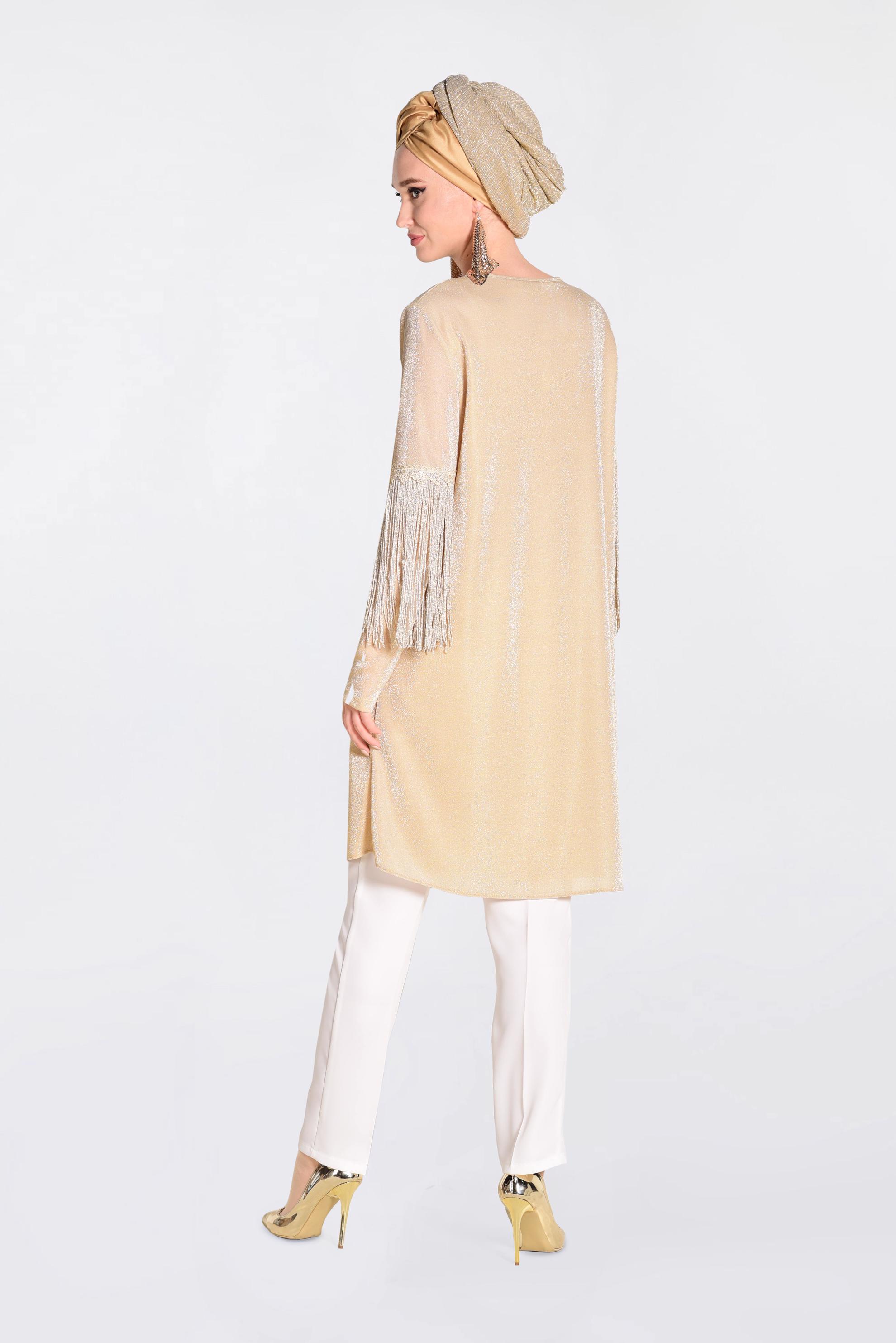 Tesettür giyim BEJ KOLLARI PÜSKÜLLÜ SİMLİ TUNİK 4324