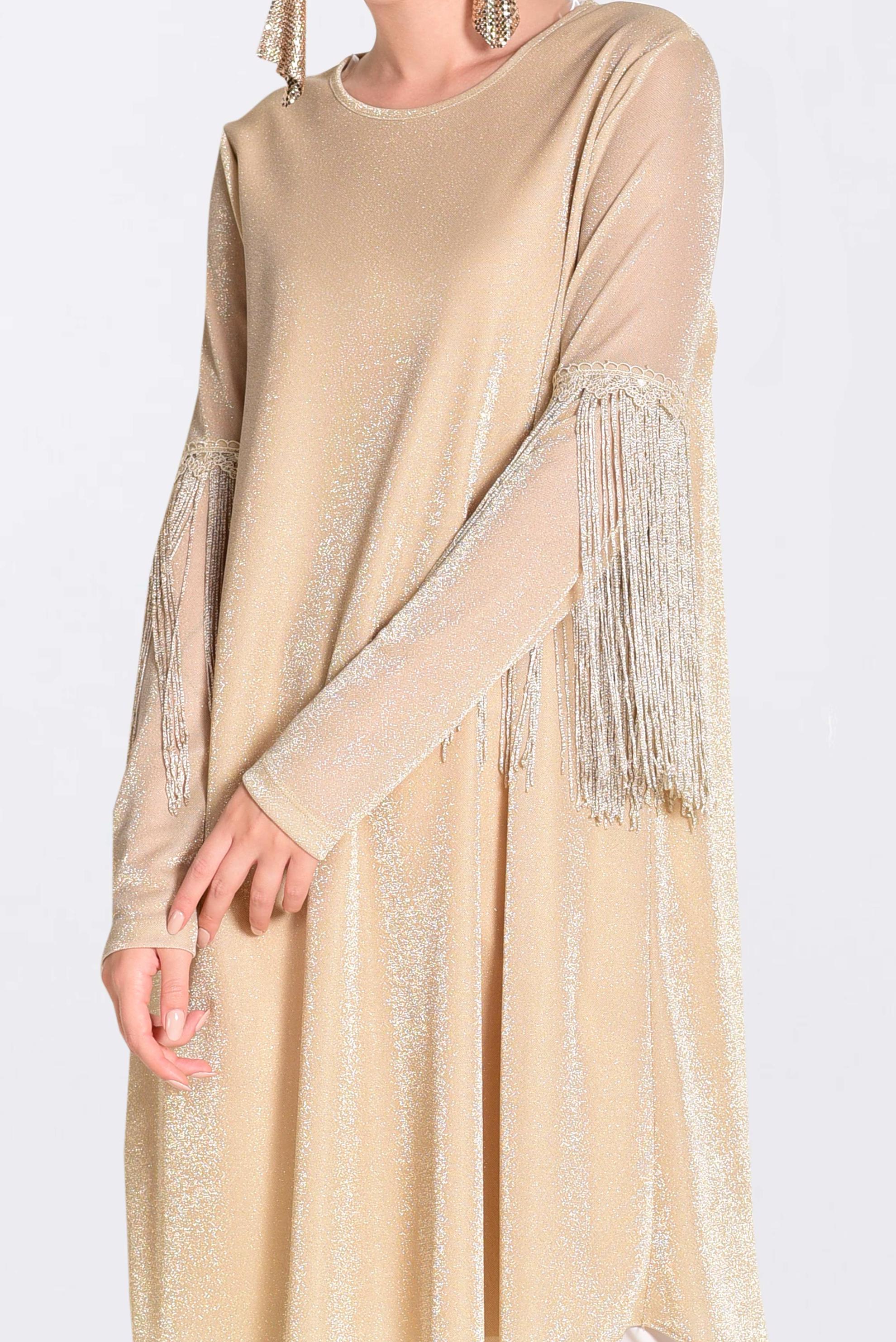 Tesettür giyim BEJ KOLLARI PÜSKÜLLÜ SİMLİ TUNİK 4324