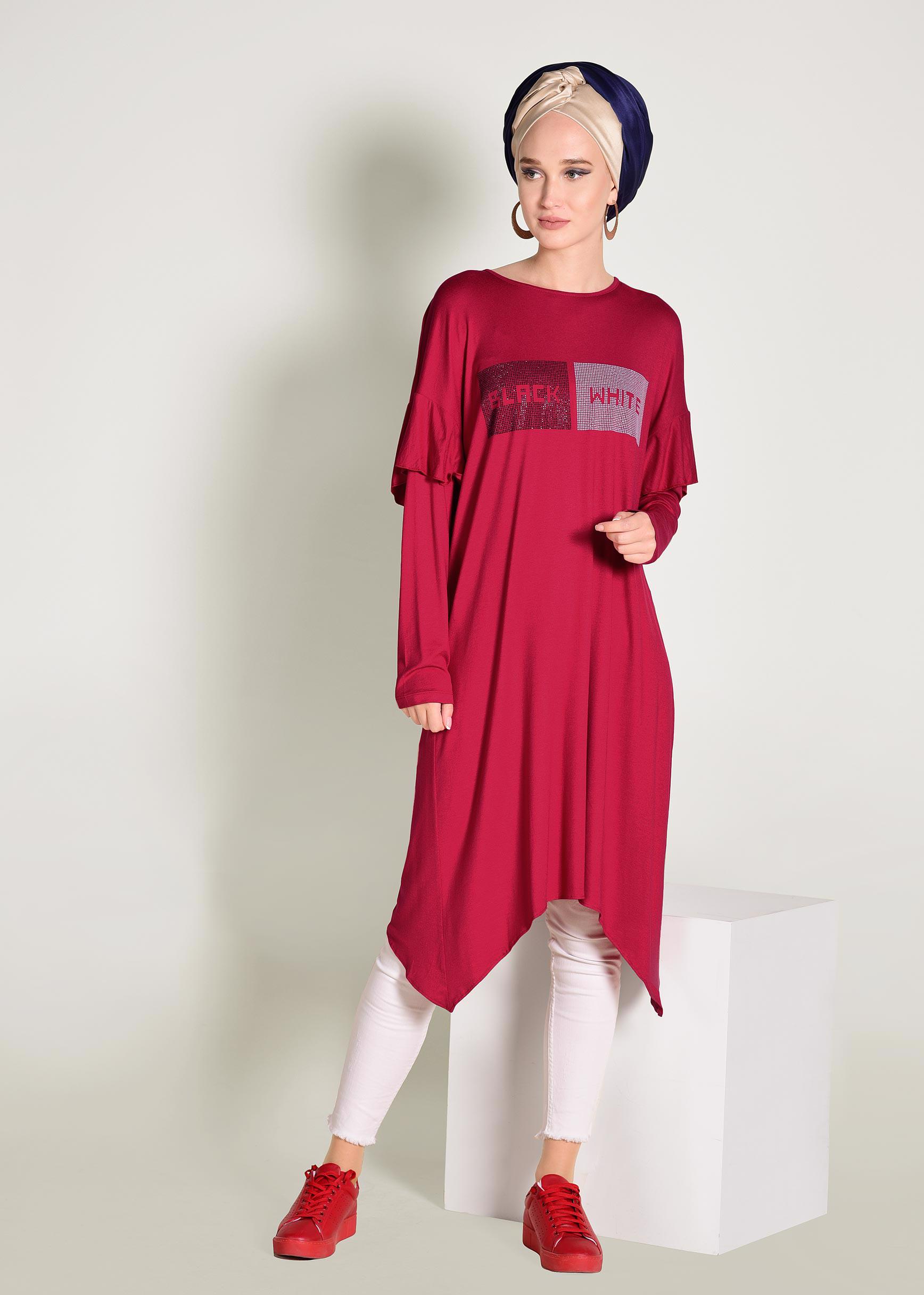 Tesettür giyim KIRMIZI ASİMETRİK KESİM TUNİK 4362	