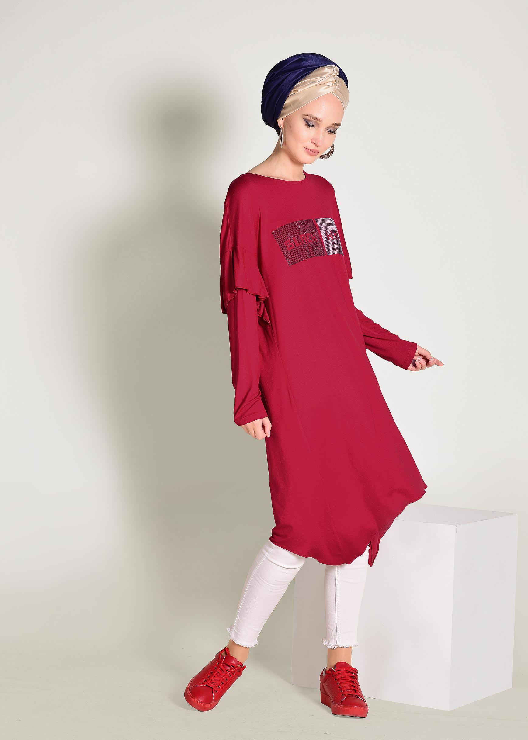 Tesettür giyim KIRMIZI ASİMETRİK KESİM TUNİK 4362	