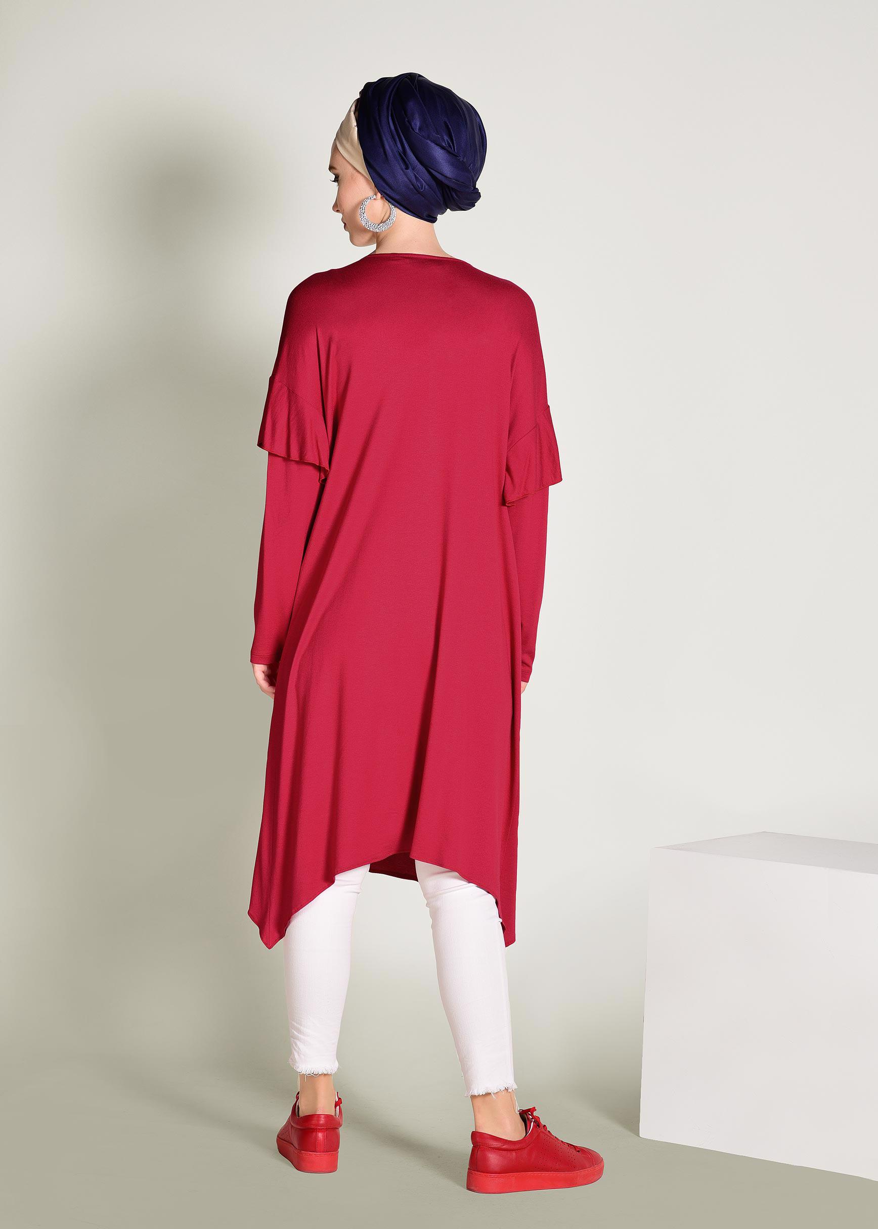 Tesettür giyim KIRMIZI ASİMETRİK KESİM TUNİK 4362	