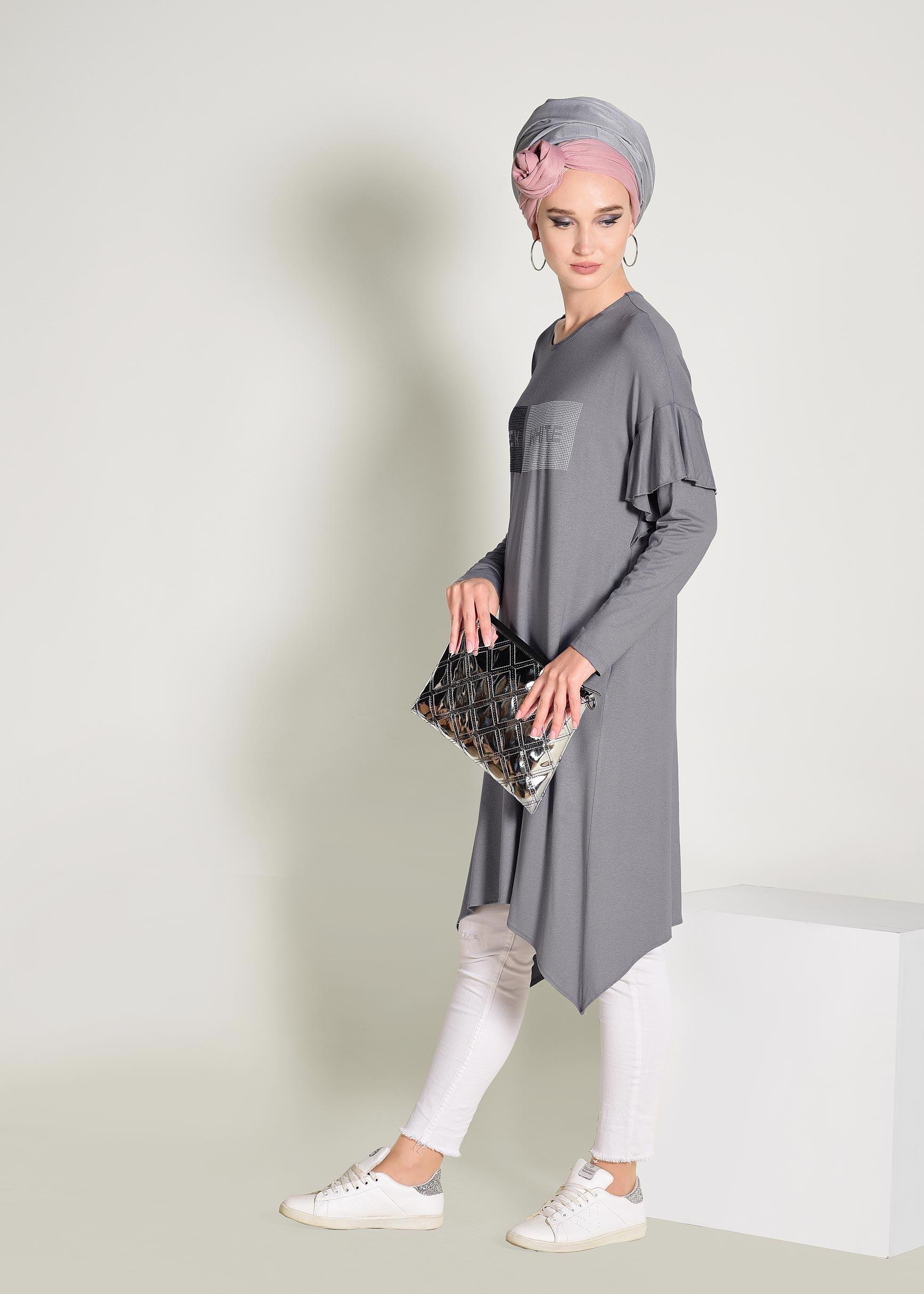 Tesettür giyim GRİ ASİMETRİK KESİM TUNİK 4362	