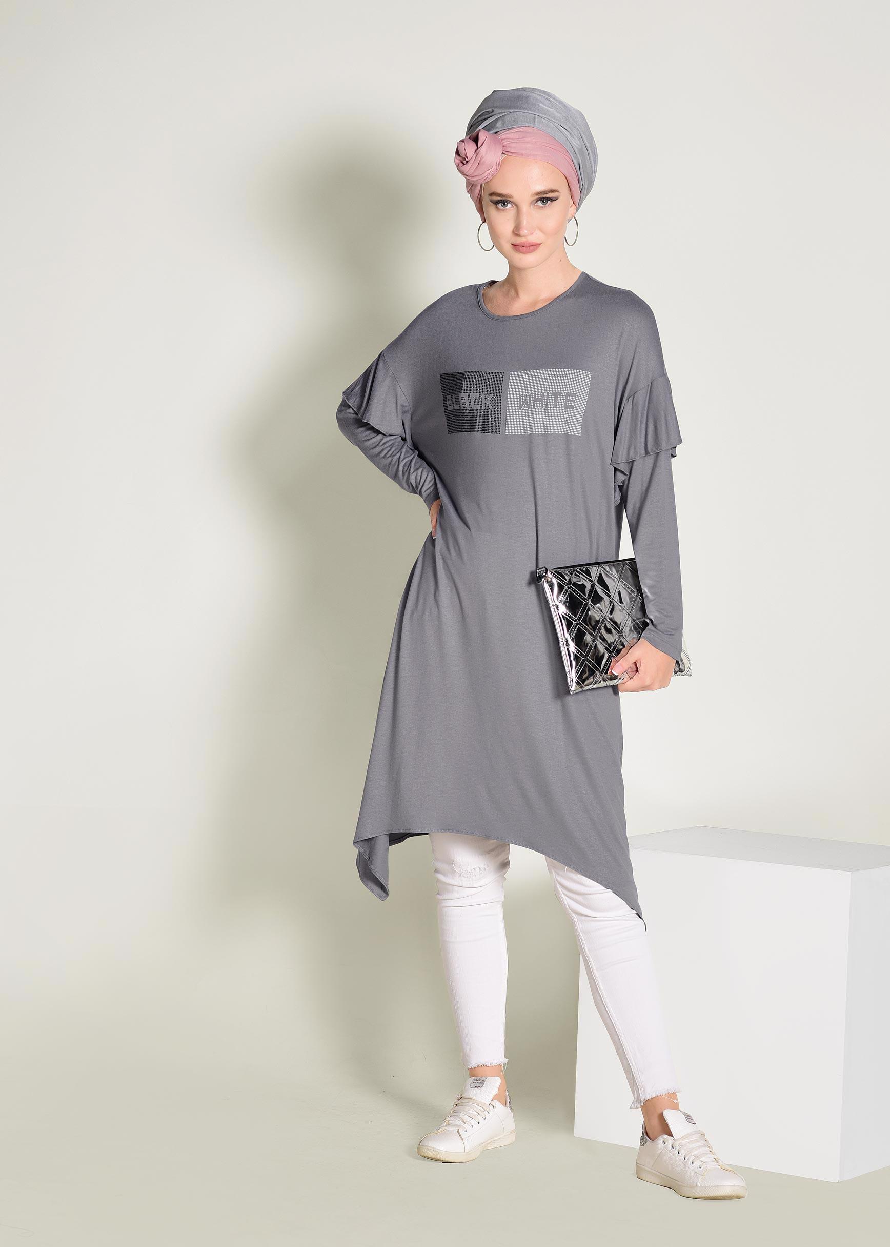 Tesettür giyim GRİ ASİMETRİK KESİM TUNİK 4362	