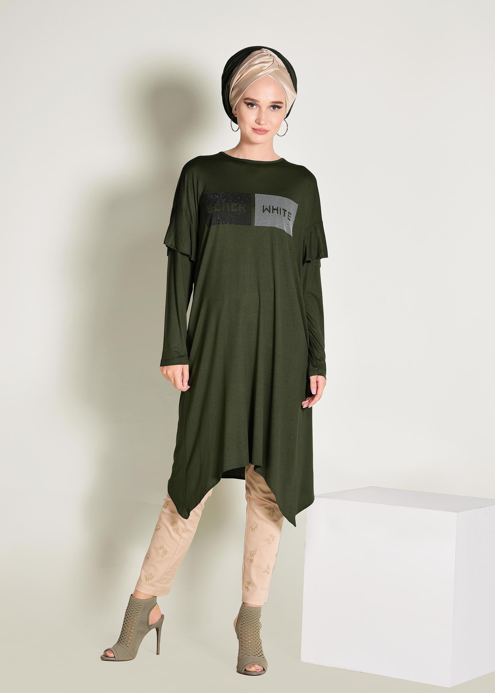 Tesettür giyim HAKİ ASİMETRİK KESİM TUNİK 4362	