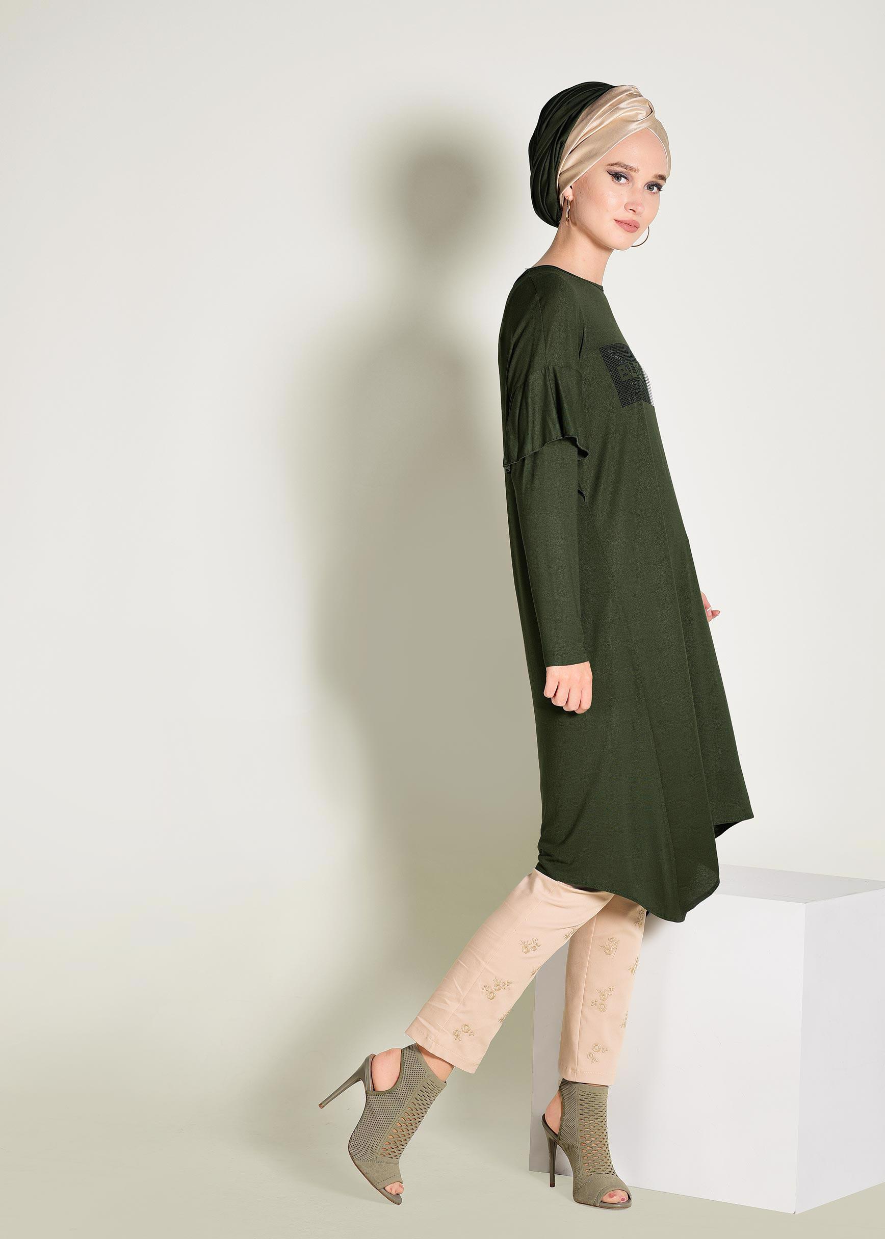 Tesettür giyim HAKİ ASİMETRİK KESİM TUNİK 4362	