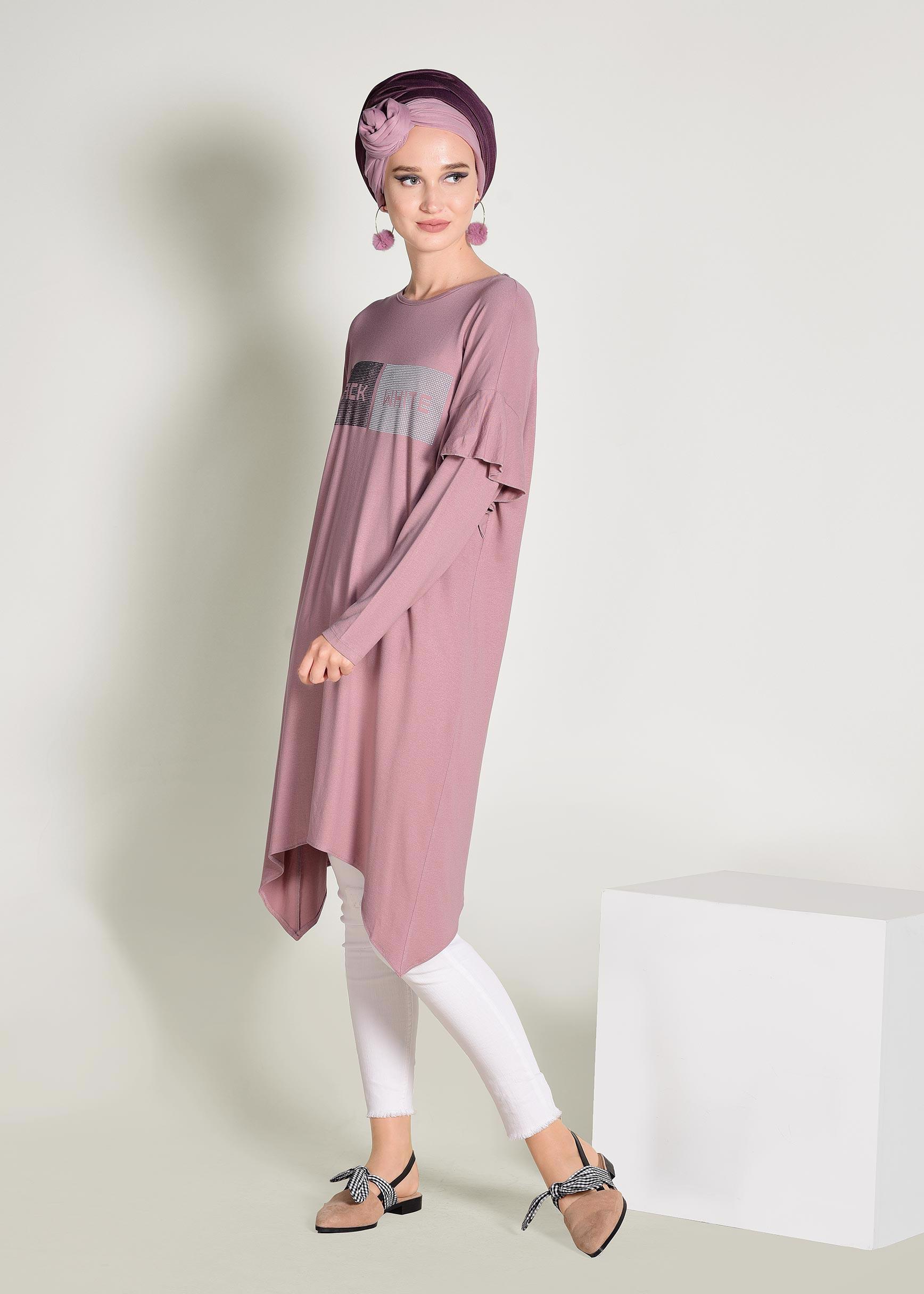 Tesettür giyim PEMBE ASİMETRİK KESİM TUNİK 4362	