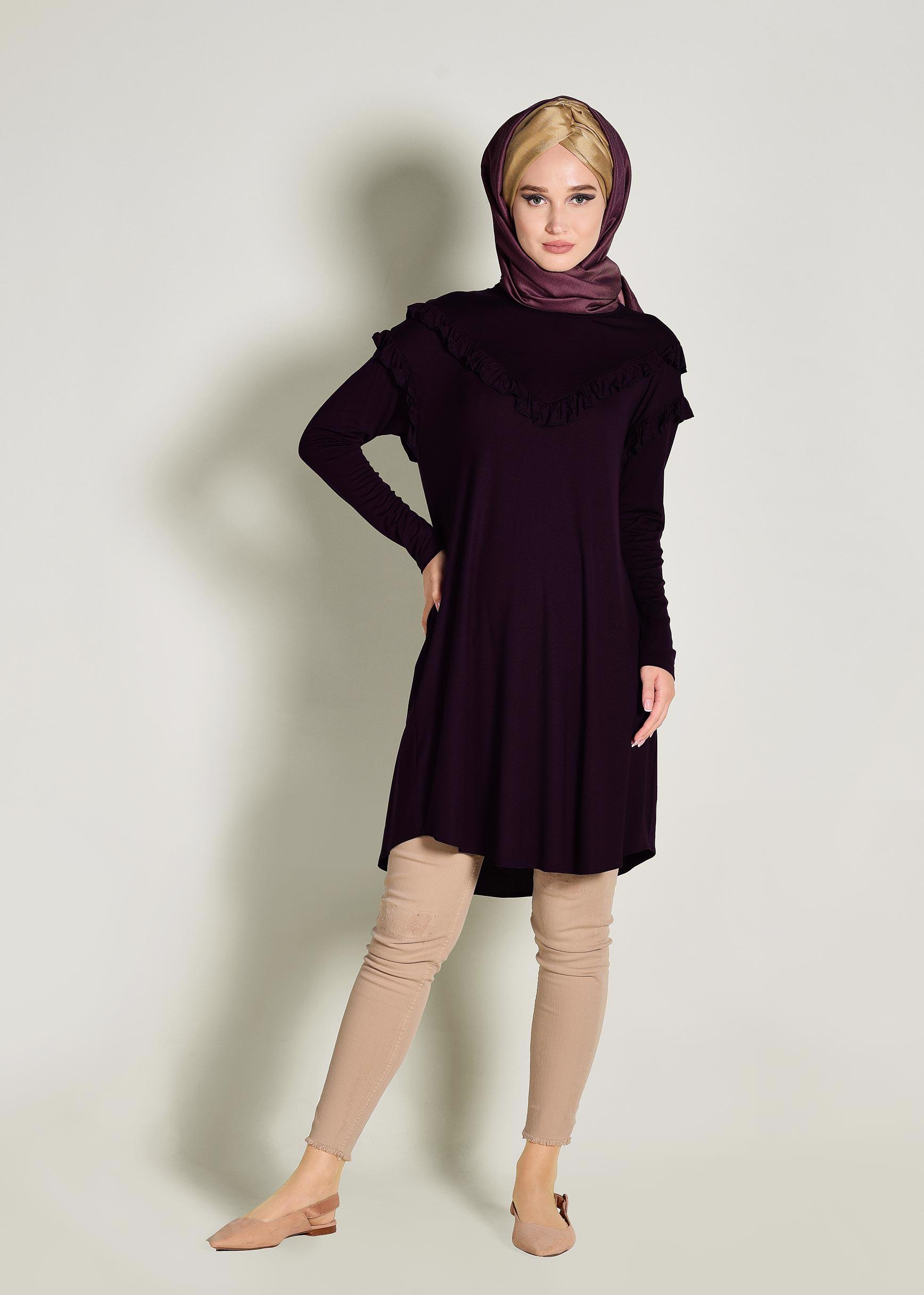 Tesettür giyim MOR FIRFIR DETAYLI PENYE TUNİK 4363