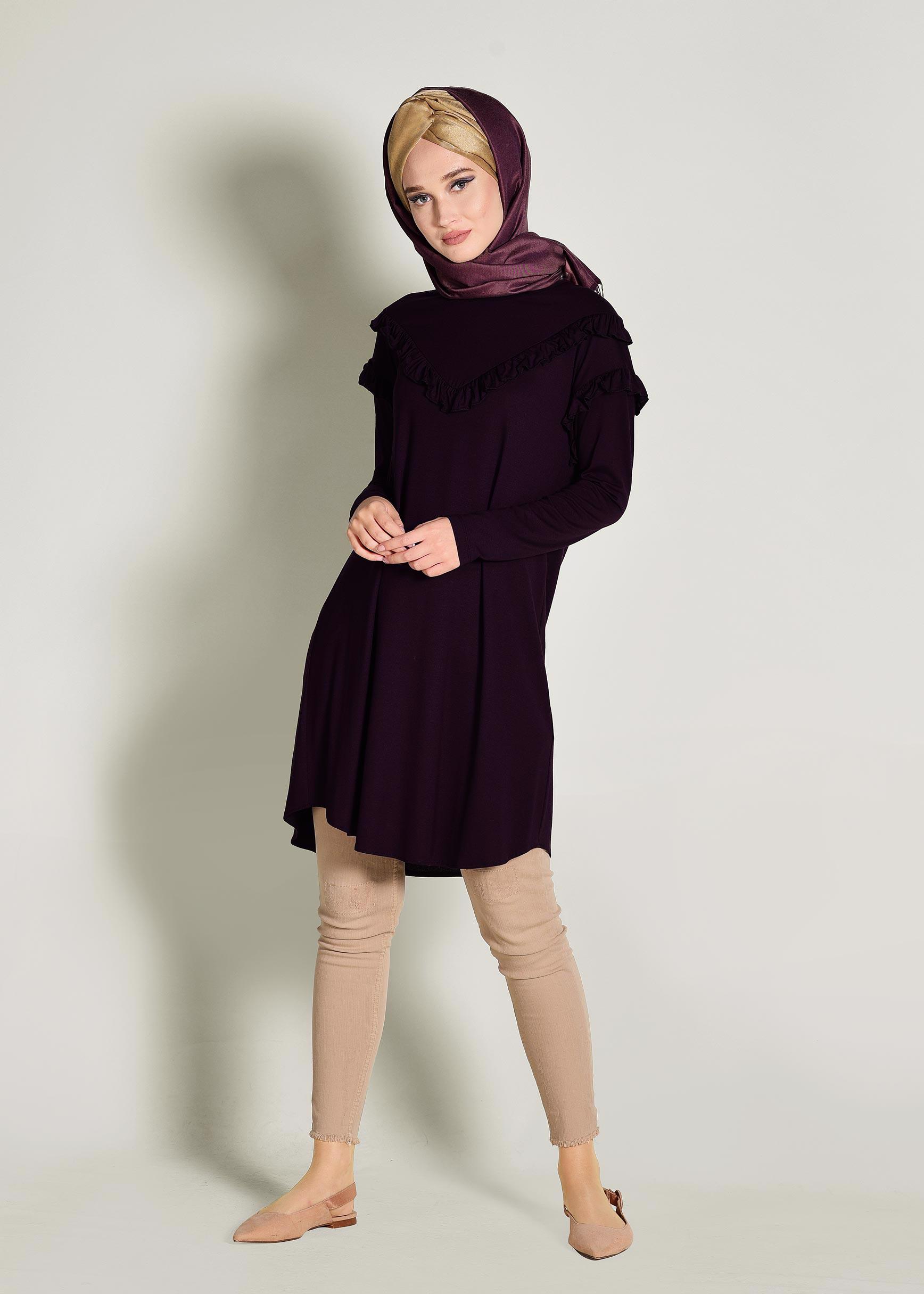 Tesettür giyim MOR FIRFIR DETAYLI PENYE TUNİK 4363