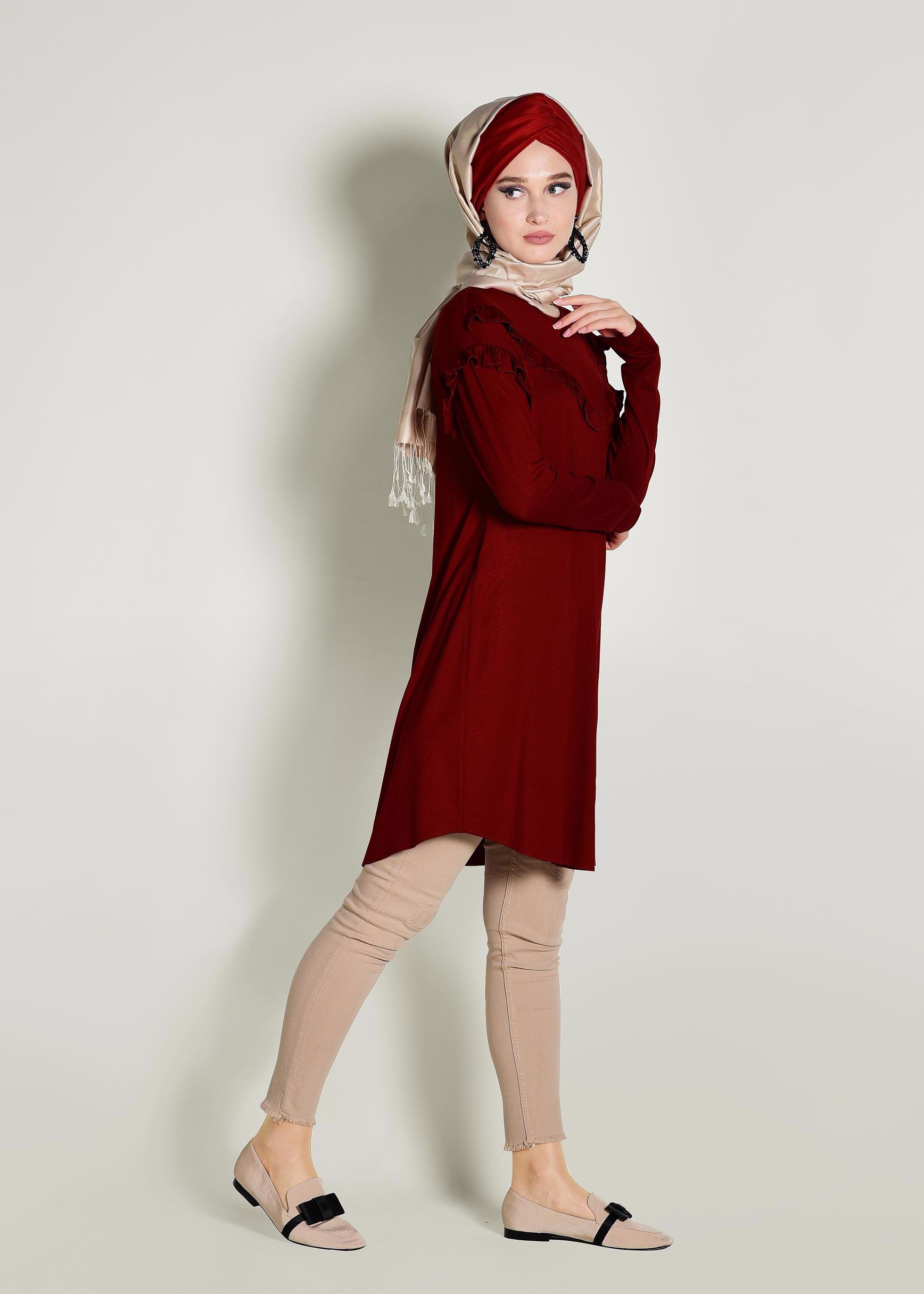 Tesettür giyim BORDO FIRFIR DETAYLI PENYE TUNİK 4363