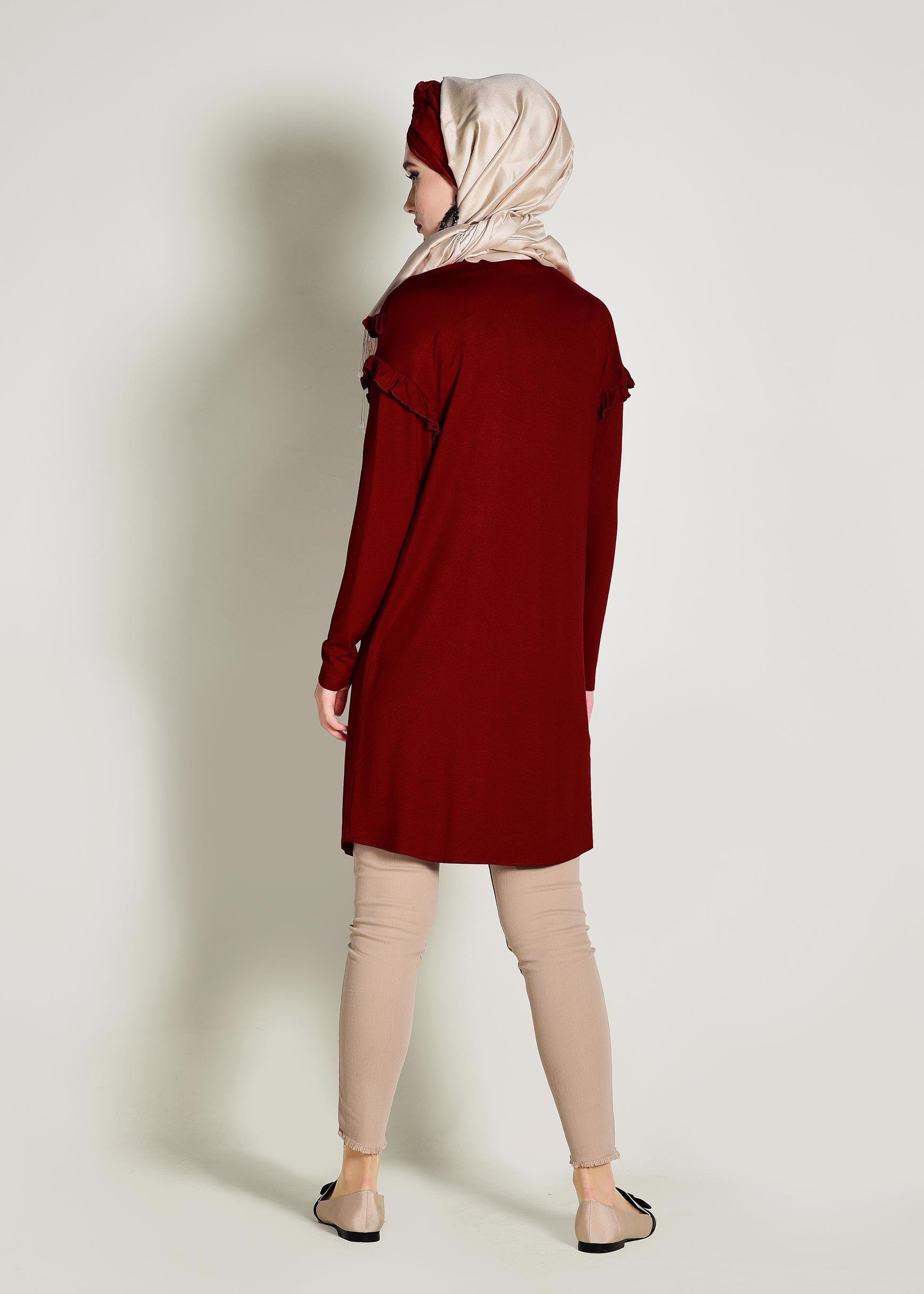 Tesettür giyim BORDO FIRFIR DETAYLI PENYE TUNİK 4363