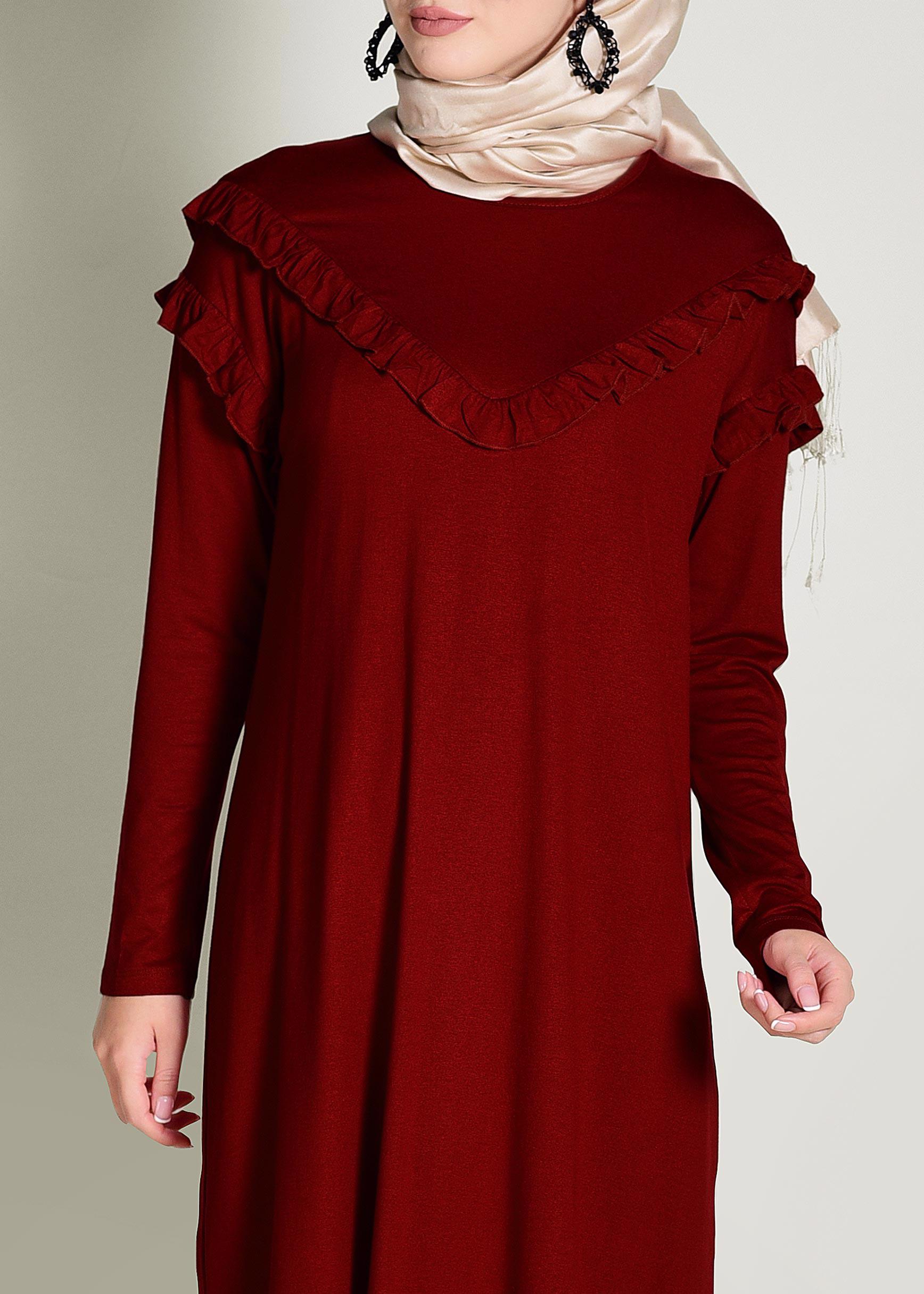 Tesettür giyim BORDO FIRFIR DETAYLI PENYE TUNİK 4363