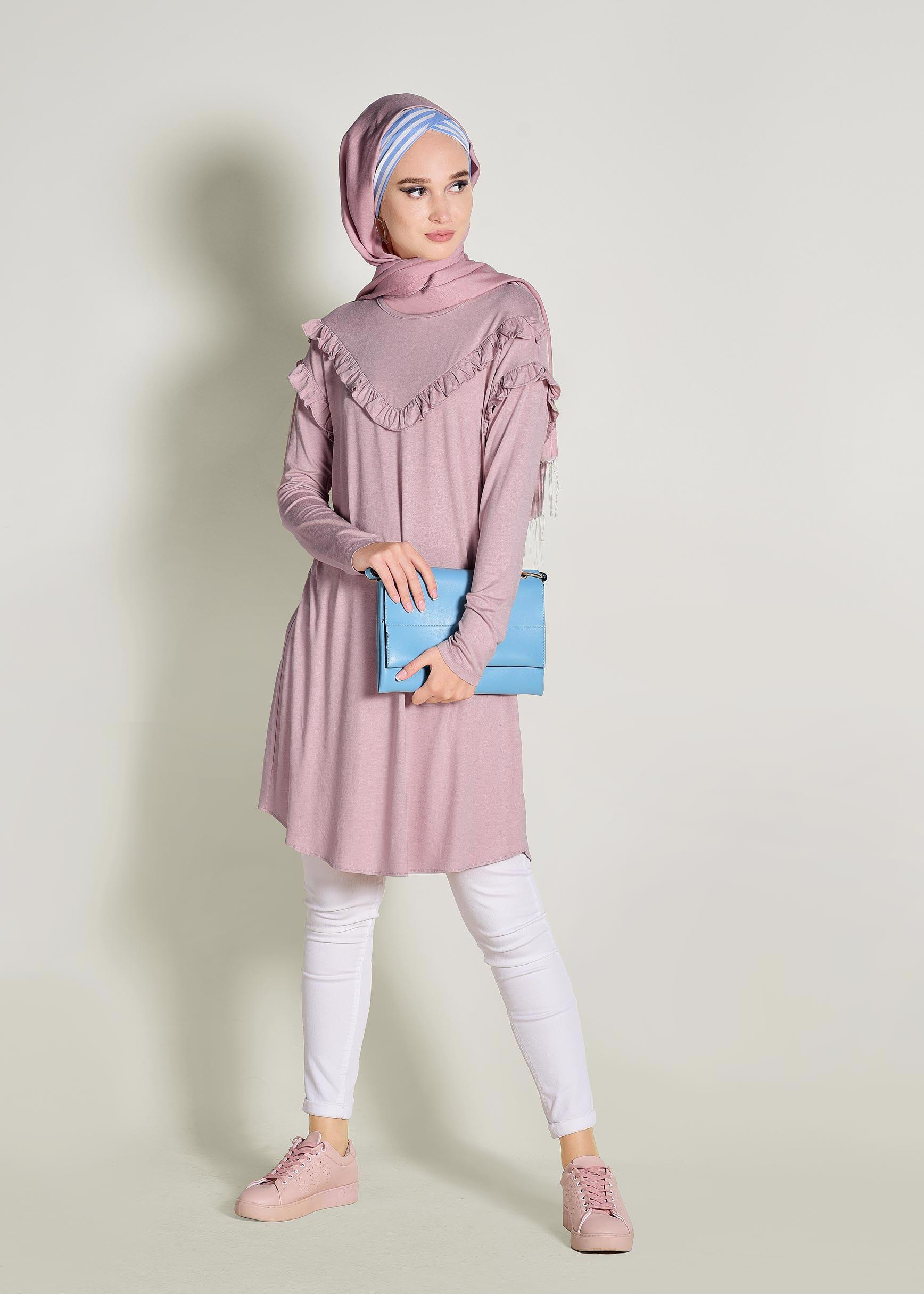 Tesettür giyim PUDRA FIRFIR DETAYLI PENYE TUNİK 4363